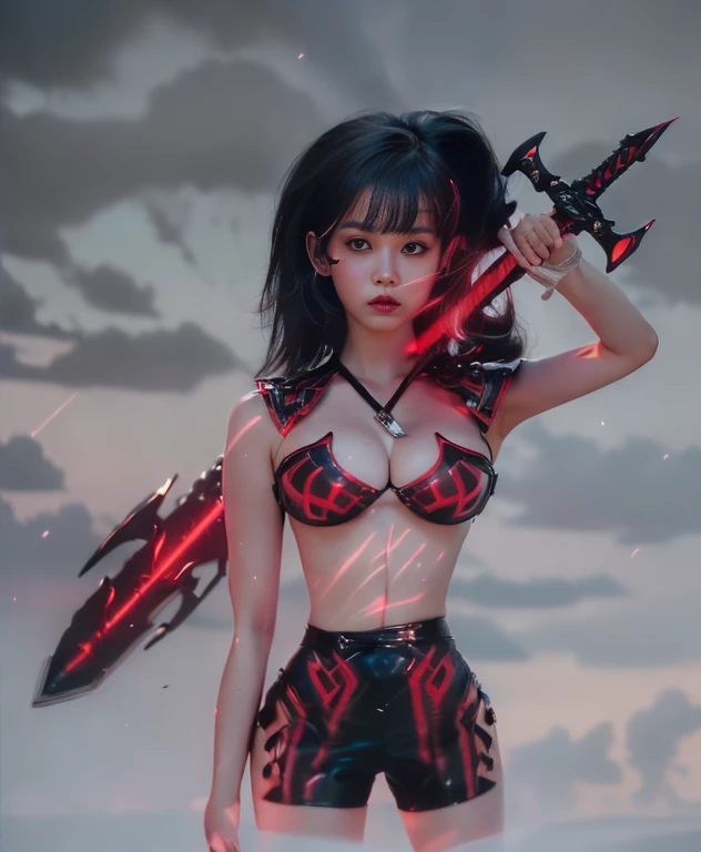 a ultra beautiful girl, with a (black techno fantasy armor) and a great sword in the back, cute, 12k, uhd, photorealistic, red decourations, (black short hairs), (((european face))), (ultra beautiful gorgeous realistic), naked belly and (naked arms), black armour, red light decourations, red great sword, black hairs

