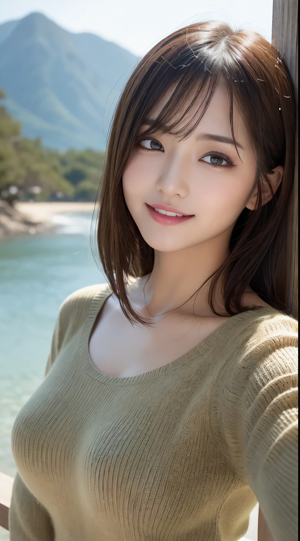 masutepiece, Best Quality, Photorealsitic, finely detail, hight resolution, 8K Wallpapers, Perfect dynamic composition, Beautiful detailed eyes, Medium Hair, large full breasts, Random and sexy poses,Bring your chest together、(Super tight khaki knitwear))、(Breast bulge 1.2)、A smile、open open mouth、Resort scenery、23years old、(Drooping eyes 1.4)、Adult beauty、japanes