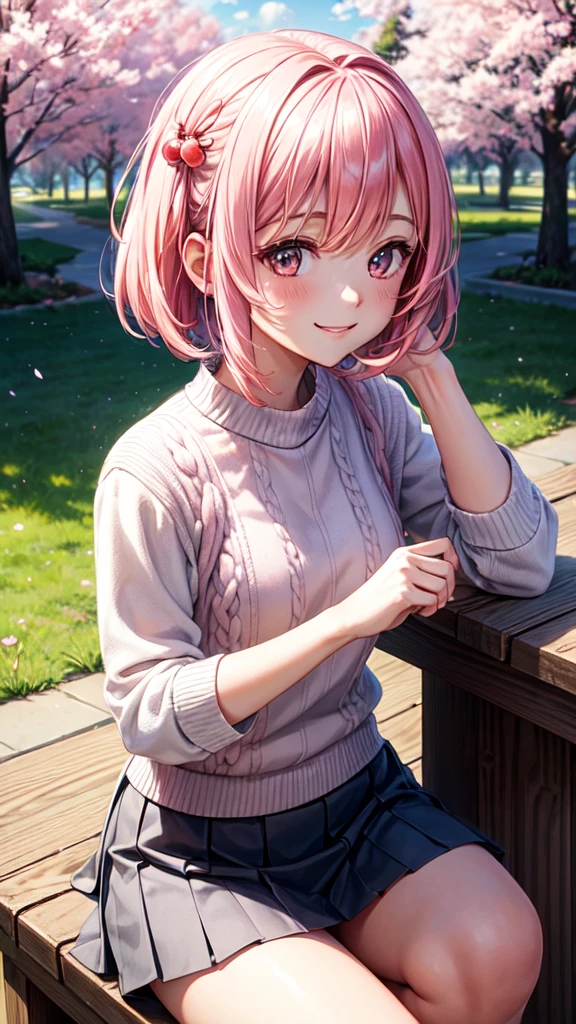 masterpiece, best quality, ultra-detailed, illustration, wide angle, 1girl, solo, sitting on the side and pink cherry trees on roadside, upper body, 20 yo, pink hair, sweater, short skirt, fashion,, composition, balance, harmony, rhythm, color, light, shadow, reflection, refraction, tone, contrast, foreground, middle ground, background, naturalistic, figurative, representational, smiling, below view