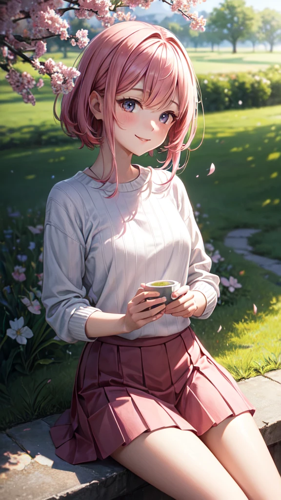 masterpiece, best quality, ultra-detailed, illustration, wide angle, 1girl, solo, sitting on the side and pink cherry trees on roadside, upper body, 20 yo, pink hair, sweater, short skirt, fashion,, composition, balance, harmony, rhythm, color, light, shadow, reflection, refraction, tone, contrast, foreground, middle ground, background, naturalistic, figurative, representational, smiling, below view