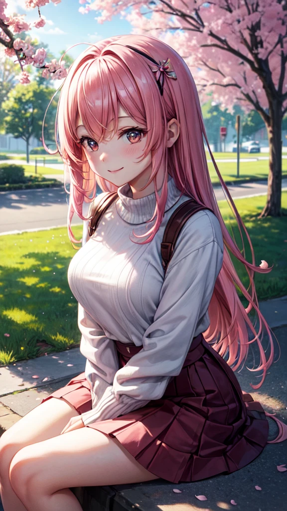 masterpiece, best quality, ultra-detailed, illustration, wide angle, 1girl, solo, sitting on the side and pink cherry trees on roadside, upper body, 20 yo, pink hair, sweater, short skirt, fashion,, composition, balance, harmony, rhythm, color, light, shadow, reflection, refraction, tone, contrast, foreground, middle ground, background, naturalistic, figurative, representational, smiling, below view 