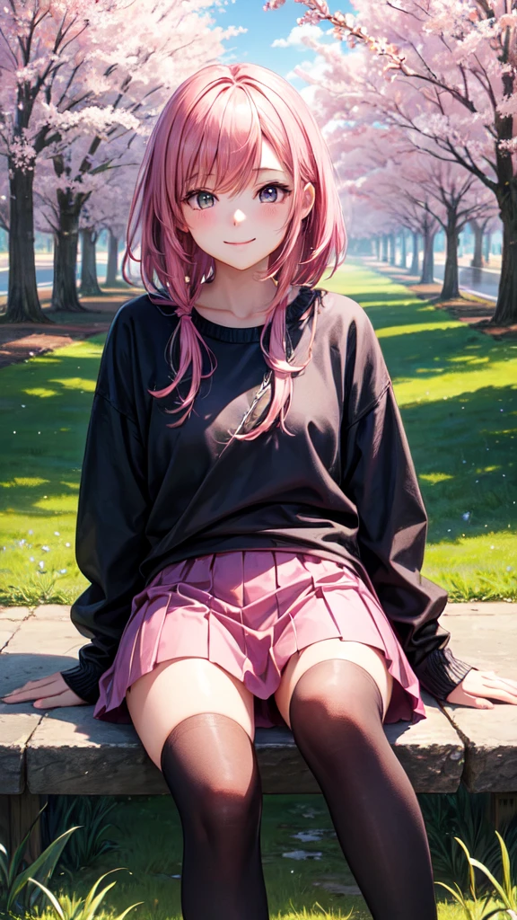 masterpiece, best quality, ultra-detailed, illustration, wide angle, 1girl, solo, sitting on the side and pink cherry trees on roadside, upper body, 20 yo, pink hair, sweater, short skirt, fashion,, composition, balance, harmony, rhythm, color, light, shadow, reflection, refraction, tone, contrast, foreground, middle ground, background, naturalistic, figurative, representational, smiling, below view