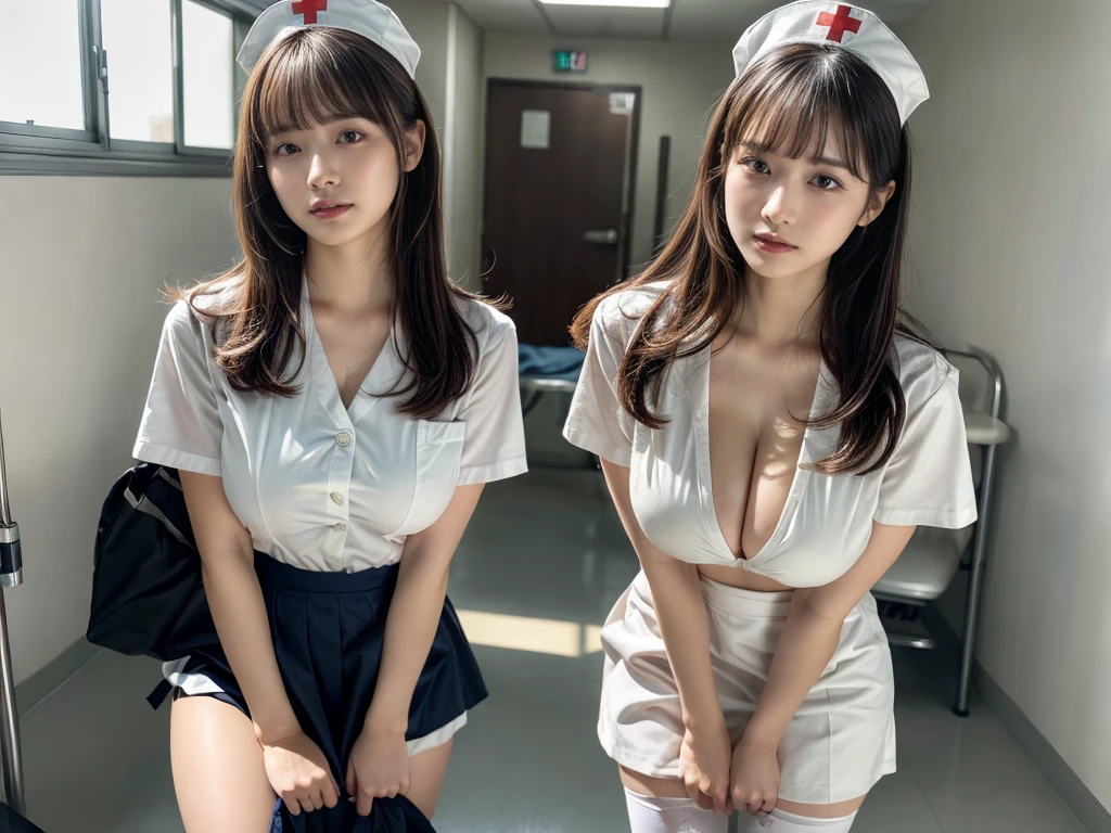 (RAW photo, 4k, masterpiece, high resolution, extremely complex) (realistic: 1.4), cinematic lighting
((2 girls)),Slam Dunk's,blushing,((innocent)),(Dark makeup),bright eyes,round eyes,blunt bangs,(straight hair:1.3),black hair,large breasts,wide hips,Summer Noon, 20 year old girl、cute type、ta,Hot, (Best Quality), (Highres), (an Extremely Delicate and Beautiful),(Beautiful 8k face),(Brown eyes),short bob hair,( spectators),(gigantic breasts),(Play with each other,Touching each other's bodies,Touching the body),(White nurse cap、White tights、White nurse uniform、Hand skirt、Flipping up a white skirt),(reality),bright lighting,(Hospital Rooms)