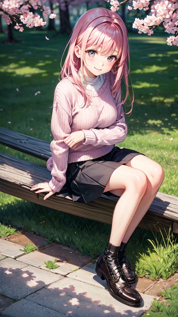 masterpiece, best quality, ultra-detailed, illustration, wide angle, 1girl, solo, sitting on the side and pink cherry trees on roadside, upper body, 20 yo, pink hair, sweater, short skirt, fashion,, composition, balance, harmony, rhythm, color, light, shadow, reflection, refraction, tone, contrast, foreground, middle ground, background, naturalistic, figurative, representational, smiling, from below