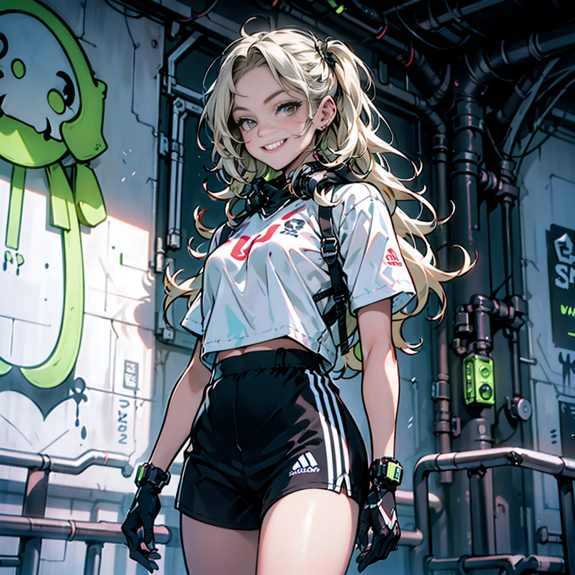 8K,Ultra Detail,ultra-quality,ultra precision,ultimate masterpiece,1girl white shirt and black shorts, beautiful face, Shot hairstyle, (Kenma's hairstyle:1), Sportswear School Wear,) cool Graffiti ((with hashtag SD3)) written on the wall,Cyber,Theme of Cyber Punk,smile,view side,
