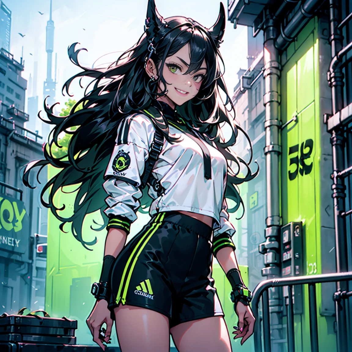8K,Ultra Detail,ultra-quality,ultra precision,ultimate masterpiece,1girl white shirt and black shorts, beautiful face, Shot hairstyle, (Kenma's hairstyle:1), Sportswear School Wear,) cool Graffiti ((with hashtag SD3)) written on the wall,Cyber,Theme of Cyber Punk,smile,view side,