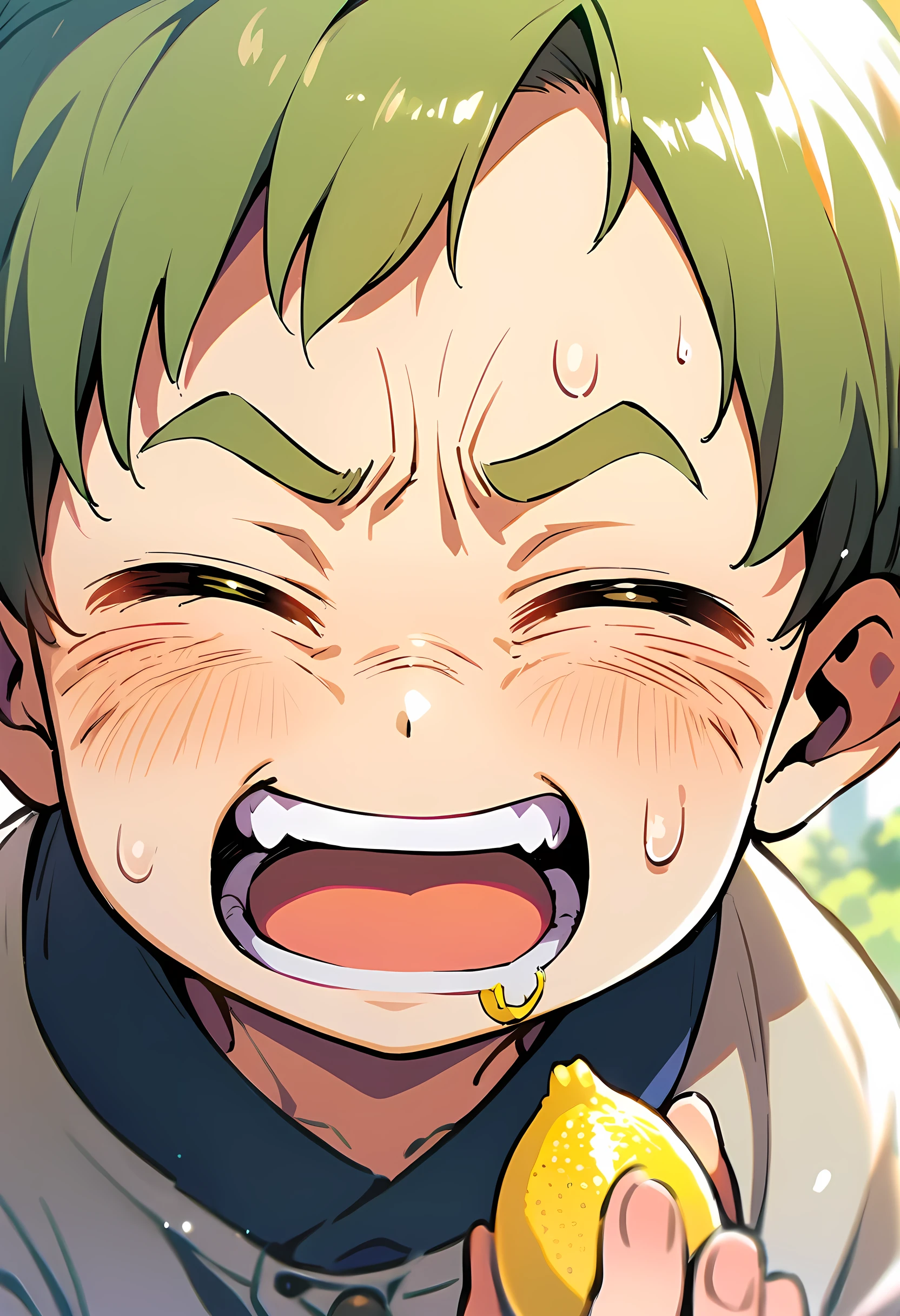 Short haired little boy eating lemon, eyes closed, eyebrows furrowed, distorted facial expression, tight wrinkled facial expression, mouth open drooling, simple outdoor background, depth of field