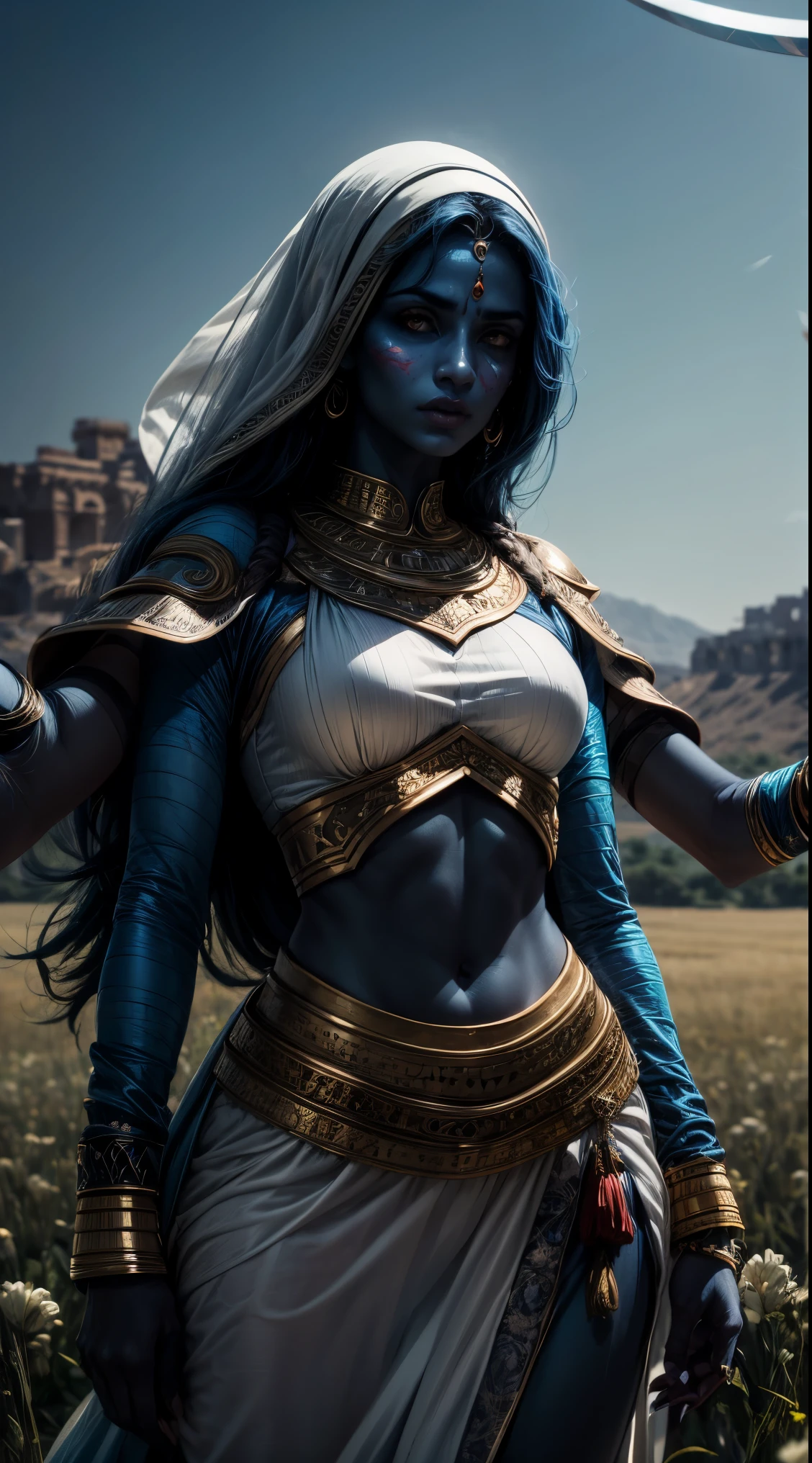 arab woman, blue skin, she has four arms, indian woman, arabian rogue battle white clothes, arabic swords, field background