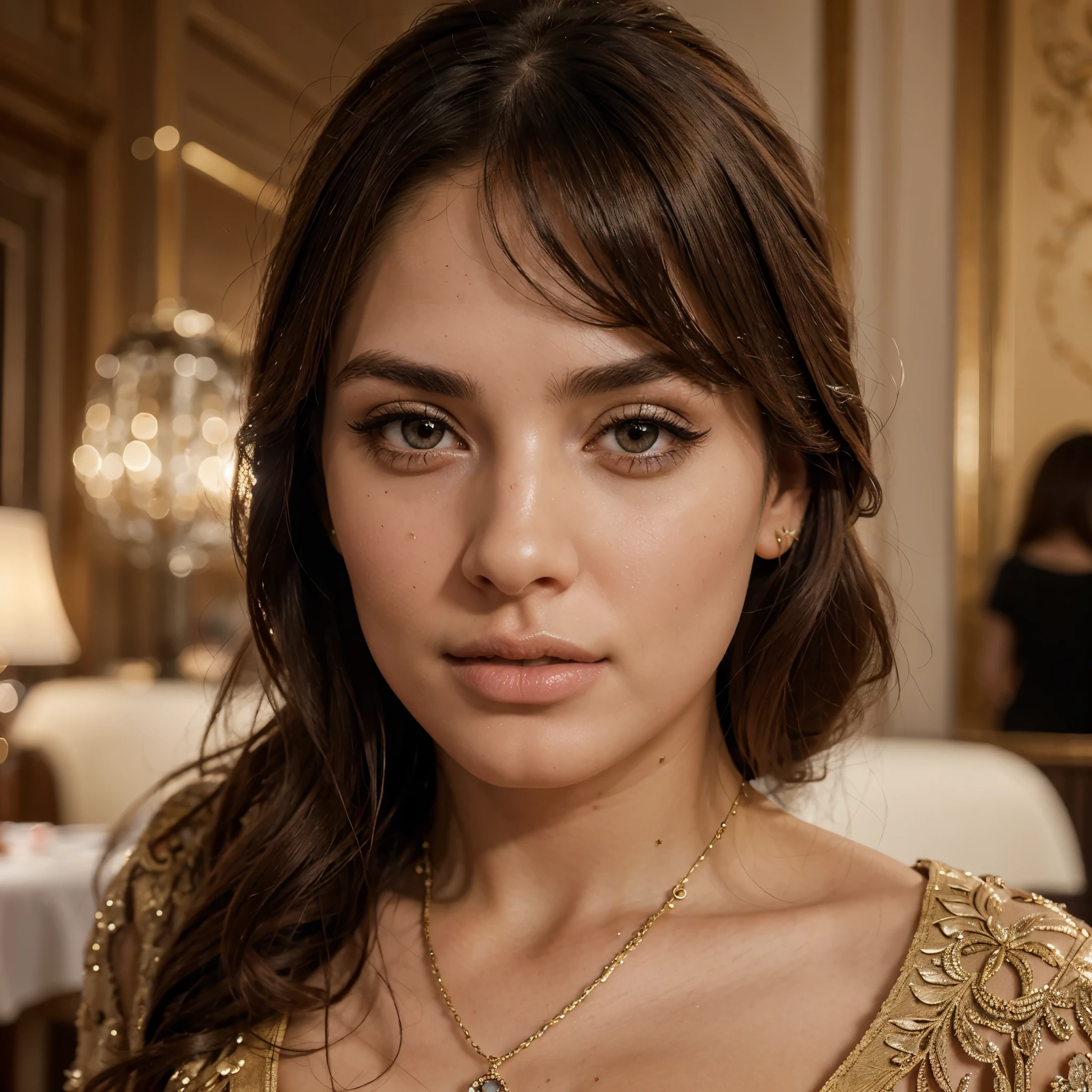 beautiful detailed eyes, beautiful detailed lips, extremely detailed eyes and face, long eyelashes, 1 gorgeous spanish woman, fashionable outfit, posing for social media in a high-end restaurant, photographic, hyper realistic, 8k, best quality, masterpiece, ultra-detailed, physically-based rendering, dramatic lighting, warm color tones, intricate details, high fashion, elegant, stylish, social media influencer