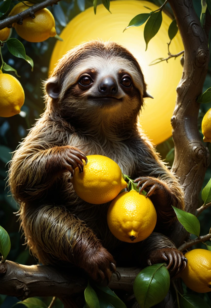 lemon eating challenge, Lovely sloth with big brown eyes sitting in a tree eating a lemon, beautiful background, sunset lighting, 8k resolution concept art by Greg Rutkowski detailed matte painting dynamic lighting hyperdetailed trending on Artstation Unreal Engine volumetric lighting fantastical elaborate