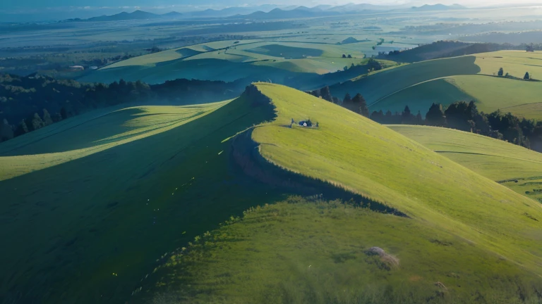 top down aerial view on a hill covered with tall grass, remote, uninhabited, (midnight), (night-time lighting)