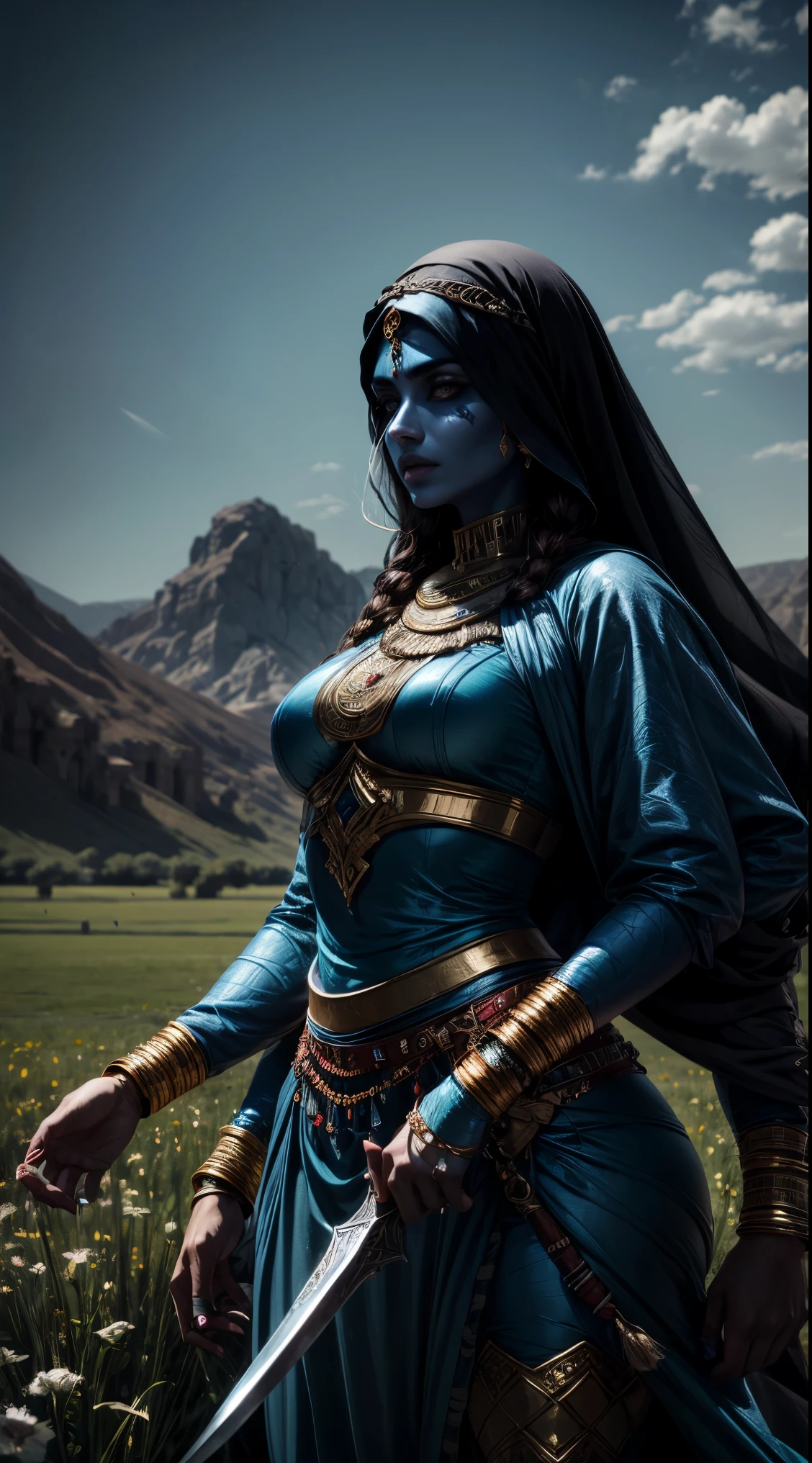 arab woman, blue skin, she has four arms, arabic swords on each hand, indian woman, arabian rogue battle white clothes, arabic swords, field background