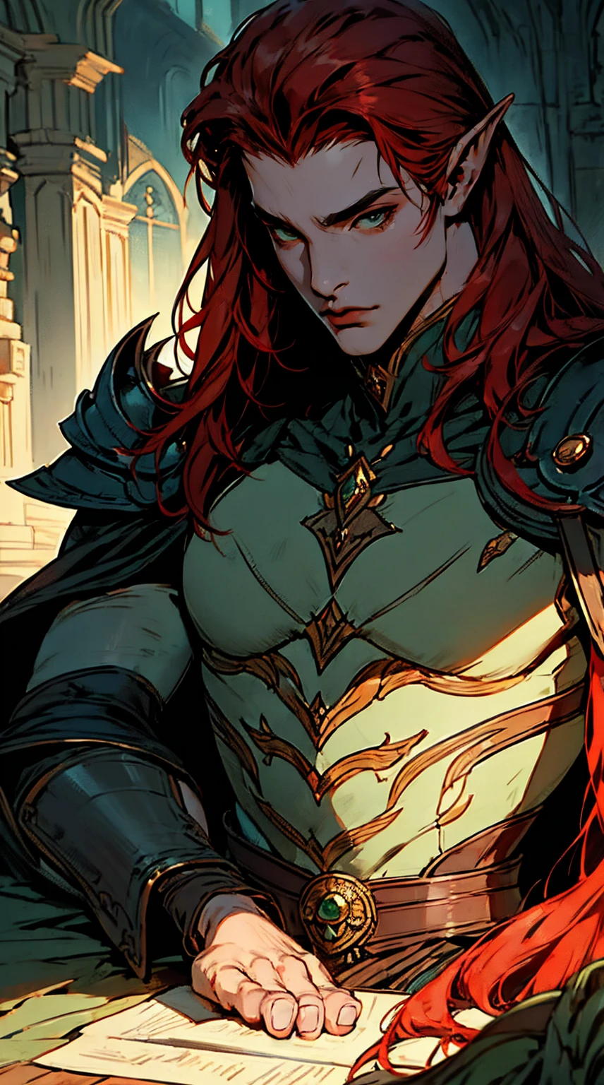 masterpiece, best quality, 1man, adult, male focus, solo, red hair, long hair, vibrant green eyes, armor black, DARK SKIN,  closed mouth, Fantasy aesthetics, Highly detailed, shadowverse style, elf knight armor, elf ear, NO CLEavage. Walking, writing, lying down, standing, on your back, fighting, dynamic poses. Get ready to dive into a world where beauty and craftsmanship merge perfectly