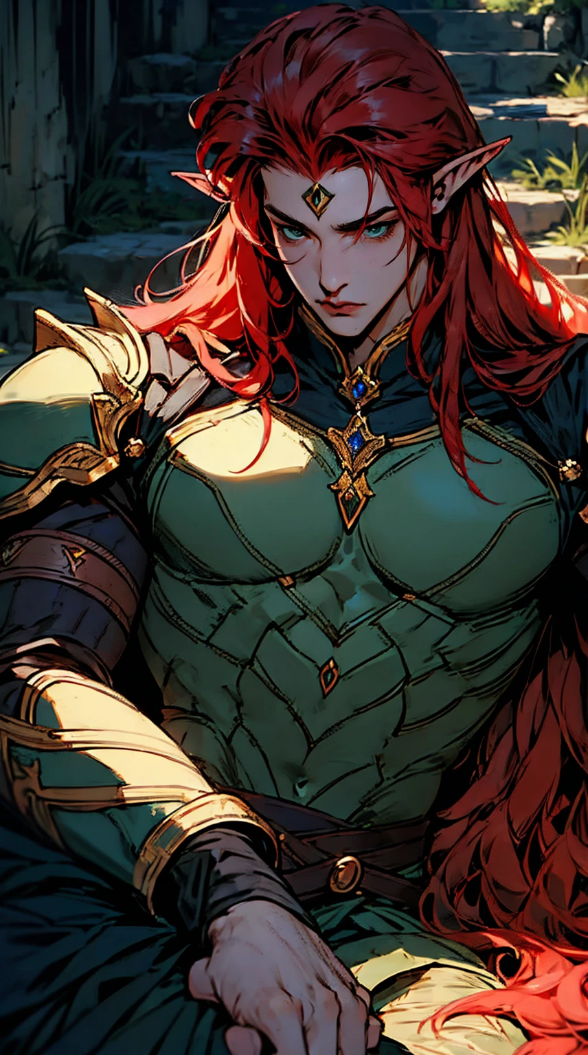 masterpiece, best quality, 1man, adult, male focus, solo, red hair, long hair, vibrant green eyes, armor black, DARK SKIN, closed mouth, Fantasy aesthetics, Highly detailed, shadowverse style, elf knight armor, elf ear, NO CLEavage. Walking, writing, lying down, standing, on your back, fighting, dynamic poses. Get ready to dive into a world where beauty and craftsmanship merge perfectly