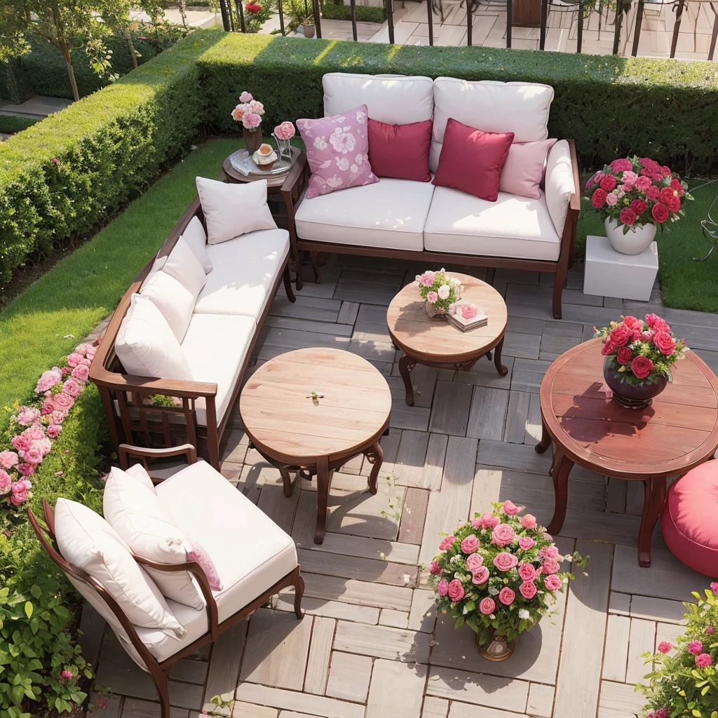 In the hot summer day，Planting red roses in the garden、Pink roses、Purple Rose、blue rose、Oriental Christmas Rose，Wooden flooring，The sofa is placed in the center of the garden。