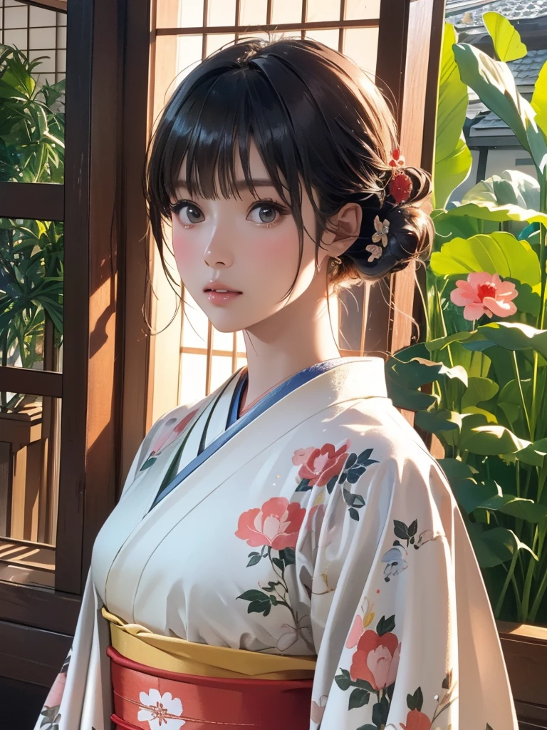 (highest quality、8k、32k、masterpiece)、(masterpiece,up to date,Exceptional:1.2), anime,One girl,Front hair,black_hair, Beautiful 8k eyes,Looking_in_Audience,One person in,Are standing,((Very beautiful woman, Fuller lips, Japanese pintern kimono))、((Colorful Japanese kimono)))、(((Medium Shot)))、Blunt bung、(High resolution)、Very beautiful face and eyes、1 girl 、Round and small face、Narrow waist、delicine body、(highest quality high detail Rich skin details)、(highest quality、8k、Oil paints:1.2)、Very detailed、(Realistic、Realistic:1.37)、Bright colors、(((blackhair)))、(((Long Hair)))、(((cowboy pictures)))、((((bokeh)),( Inside an old Japanese house with a (short focus lens:1.47),)))、(masterpiece, highest quality, highest quality, Official Art, beautifully、aesthetic:1.2), (One girl),(Fractal Art:1.3),colorful,Most detailed,Sengoku period(High resolution)、Very beautiful face and eyes、1 girl 、Round and small face、Tight waist、Delicine body、(highest quality high detail Rich skin details)、(highest quality、8k、Oil paints:1.2)、(Realistic、Realistic:1.37)、Greg Rutkowski Written by Alphonse Mucha Ropp,short ,(focus lens:1.4),uchikake,nishijin ori