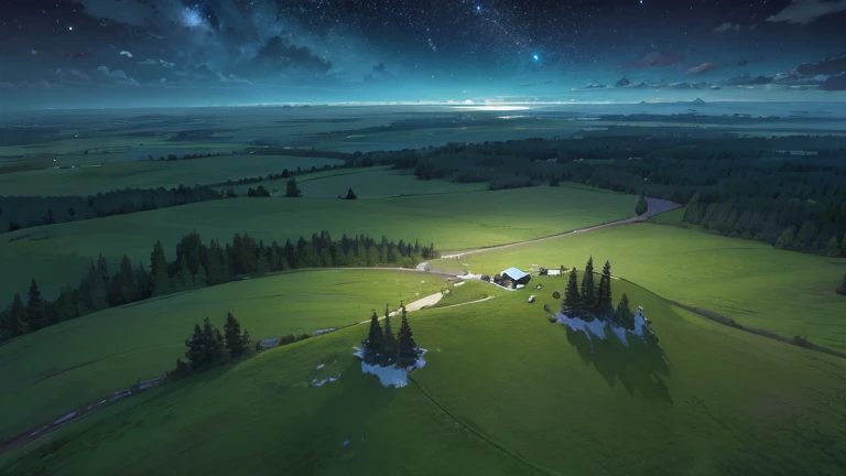 (top down) aerial view of a butte hill covered with tall grass, remote, uninhabited, (midnight), (night-time lighting)