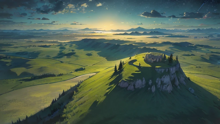 (top down) aerial view of a butte hill covered with tall grass, remote, uninhabited, (midnight), (night-time lighting)