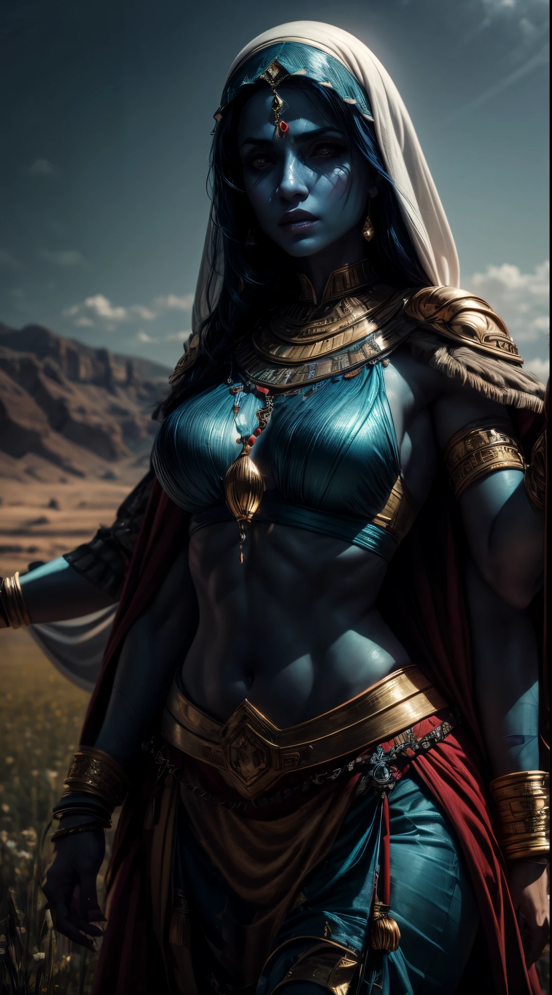 arab woman, blue skin, she has four arms, arabic swords on each hand, indian woman, arabian rogue battle white clothes, arabic swords, field background,  (best quality,4k,8k,highres,masterpiece:1.2),ultra-detailed,(realistic,photorealistic,photo-realistic:1.37),HDR,UHD,studio lighting,ultra-fine painting,sharp focus,physically-based rendering,extreme detail description,professional, 