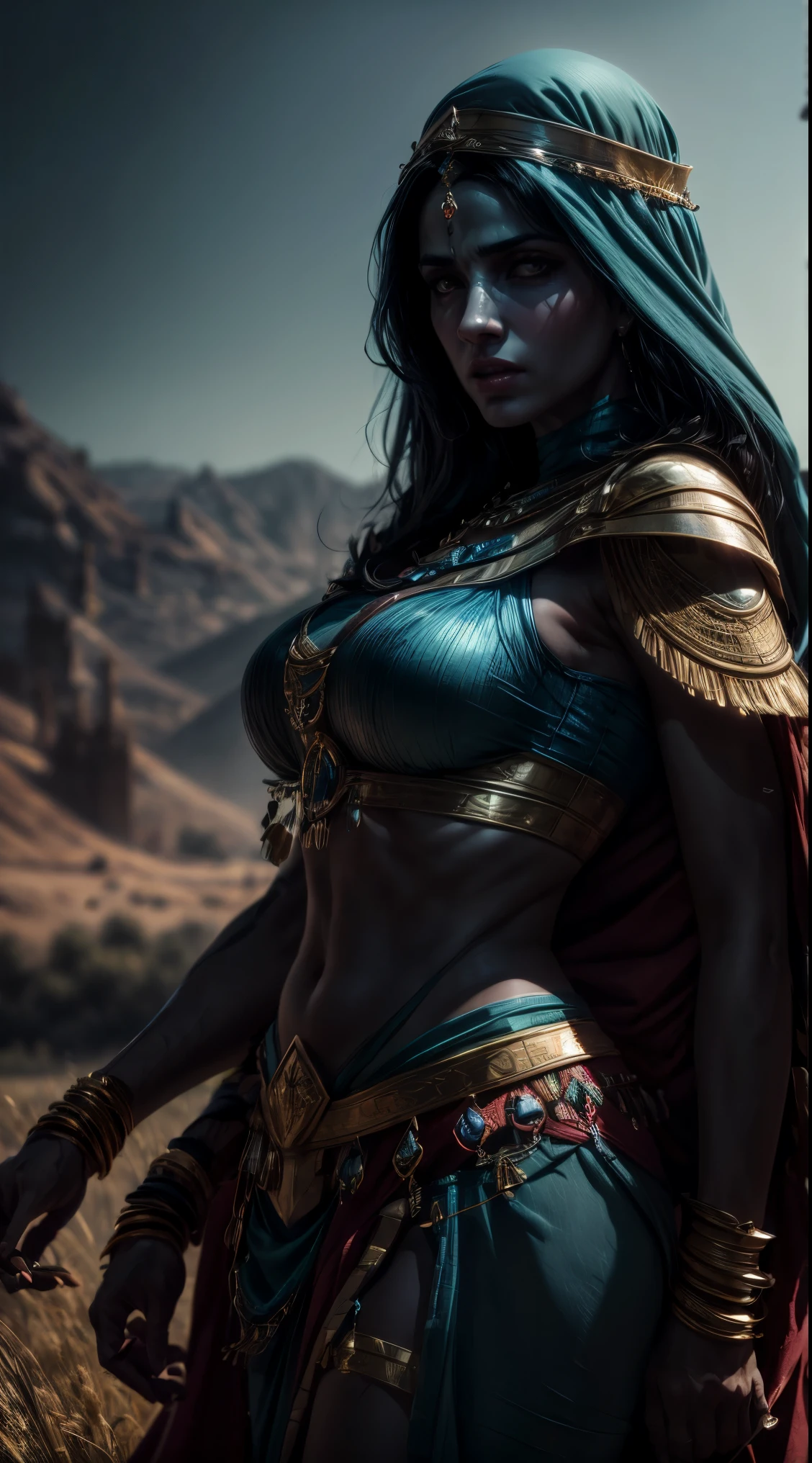 arab woman, blue skin, she has four arms, arabic swords on each hand, indian woman, arabian rogue battle white clothes, arabic swords, field background,  (best quality,4k,8k,highres,masterpiece:1.2),ultra-detailed,(realistic,photorealistic,photo-realistic:1.37),HDR,UHD,studio lighting,ultra-fine painting,sharp focus,physically-based rendering,extreme detail description,professional, 