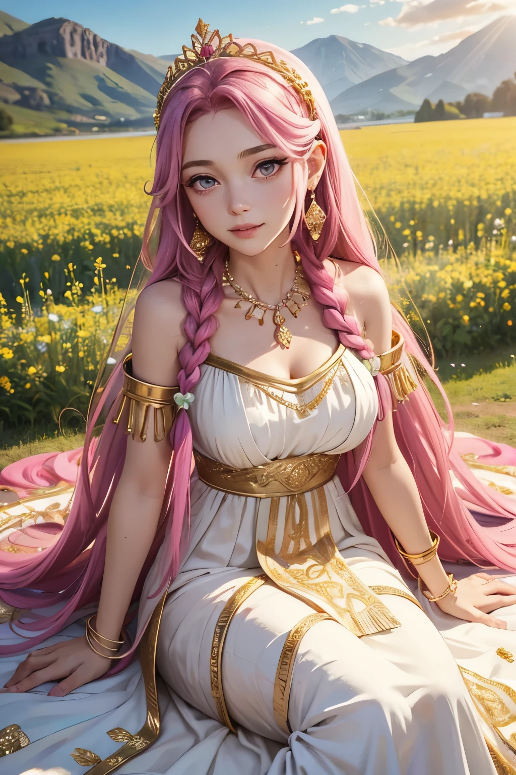 1 girl, goddess, soft smile, fuchsia eyes, narrowed eyes, fuchsia hair, long hair, two braids, gold tiara, gold earrings, gold necklace, gold accessories, white dress, greek style dress, field of flowers