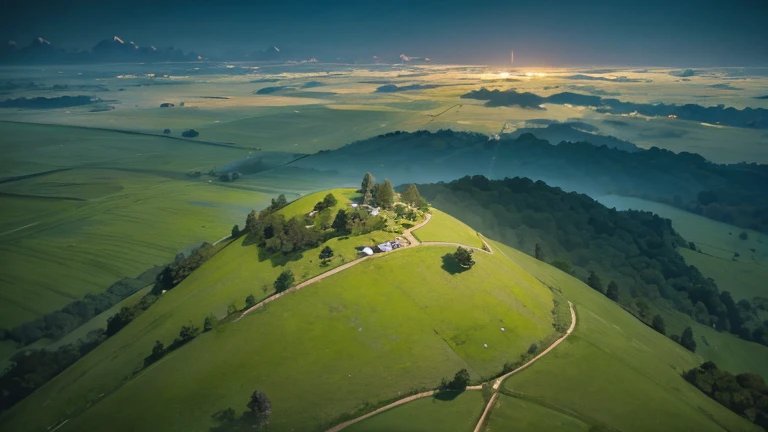 (top down) aerial view of a kuppe hill covered with tall grass, remote, uninhabited, (midnight), (night-time lighting)