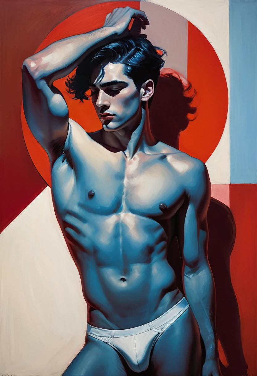 chiaroscuro technique on sensual illustration of an arafed man in white underwear, sexy masculine, diego fazio, male model, by Ludovit Fulla, model with attractive body, inspired by Ludovit Fulla, mid-shot of a hunky, the model draped in flowing, thick oil painting by Harumi Hironaka, extremely soft colors, vibrant, highly detailed, malcolm liepke painting, oil on canvas, high contrast, dramatic, refined, tonal, Create high contrast between light and shadow fire around, there is a red circle on a blue and red square, inspired by Bauhaus, in a shapes background, brown red blue, circle forms, red blue, by Leon Polk Smith, memphis abstract minimal art, graphic shapes, minimal art, blue and red, minimal art style, bauhaus art, inspired by El Lissitzky, bold simple shapes