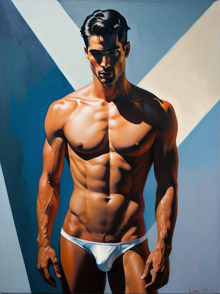 chiaroscuro technique on sensual illustration of an arafed man in white ,  masculine, diego fazio, male model, by Ludovit Fulla, model with attractive body, inspired by Ludovit Fulla, mid-shot of a hunky, the model draped in flowing, thick oil painting by Harumi Hironaka, extremely soft colors, vibrant, highly detailed, malcolm liepke painting, oil on canvas, high contrast, dramatic, refined, tonal, Create high contrast between light and shadow by Leon Polk Smith, memphis abstract minimal art, graphic shapes, minimal art, blue and red, minimal art style, bauhaus art, inspired by El Lissitzky, bold simple shapes, shadow 