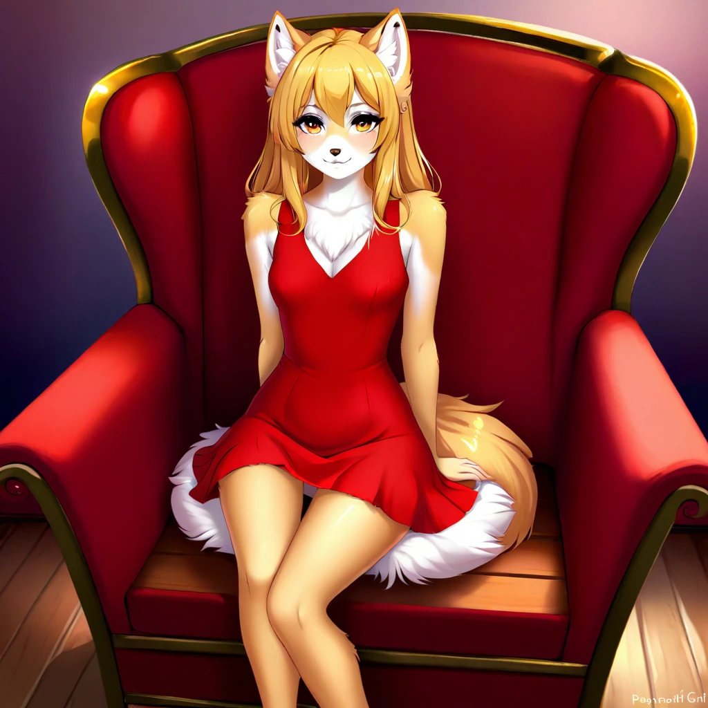 A beautiful girl, beautiful face, with golden hair, sits in a red armchair made of fluffy fur, on wooden legs