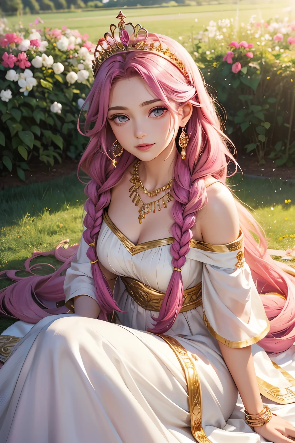 1 girl, goddess, soft smile, fuchsia eyes, narrowed eyes, fuchsia hair, long hair, two braids, gold tiara, gold earrings, gold necklace, gold accessories, white dress, greek style dress, field of flowers