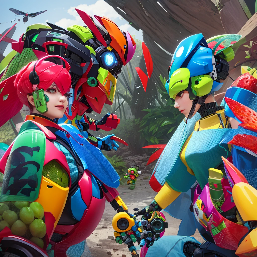 Fruit themed robots with feminine forms (colorful, curvy, sultry) face off against insect themed robots with male forms 9powerful, bulky), epic showdown on a battle scarred cyber world