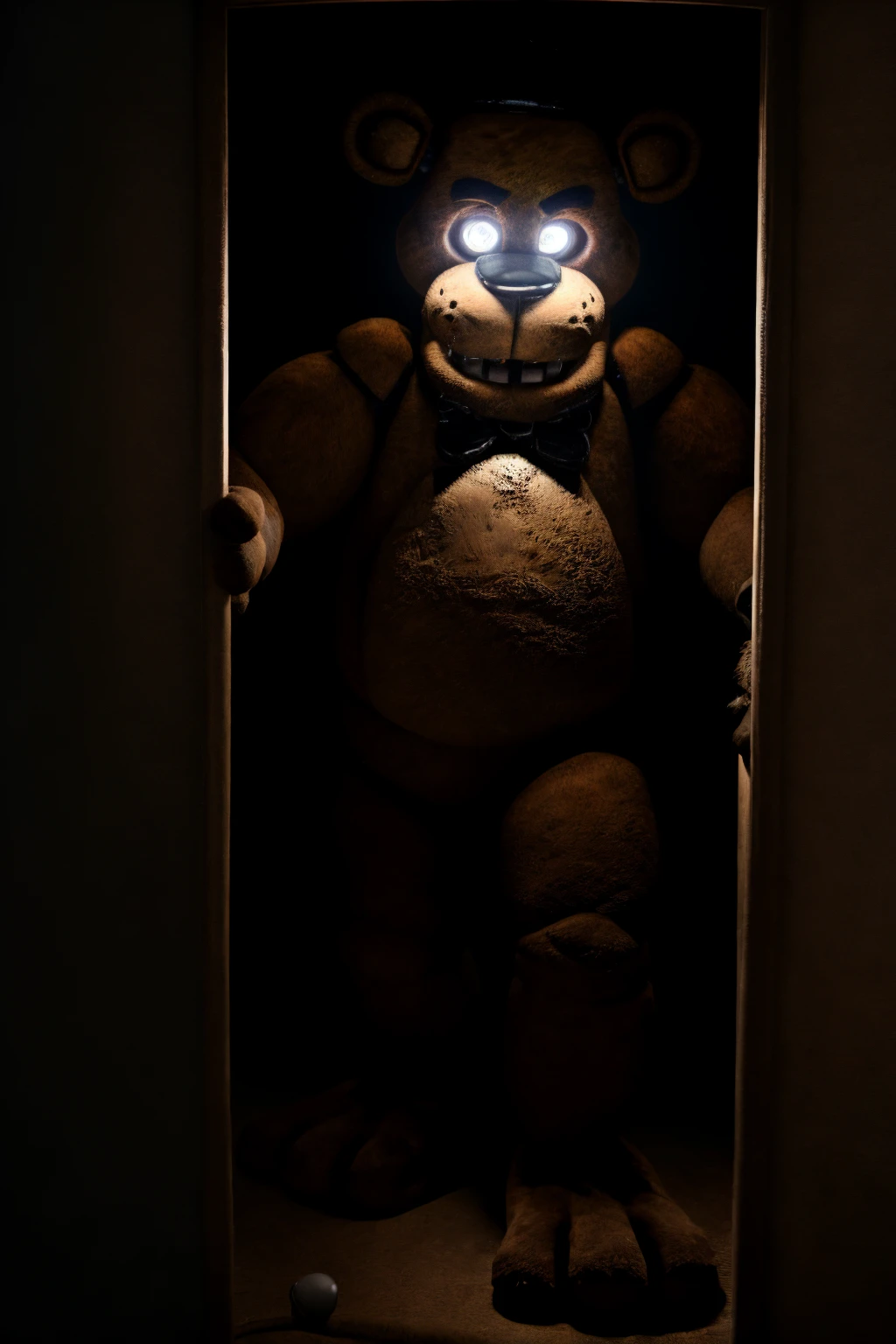 freddy, brown fur, 4k, hi res, 8k, detailed eyes, 8k eyes, eyes focus, white eyes, ((glowing eyes)), aggressive white lens flare, bedroom, dresser, lamp, top, ((no lights, pitch black dark room)), (reaching out pov), (creeping through door), Masterpiece, ultra detailed, realistic, detailed, full view, ((fully body shown)), freddy