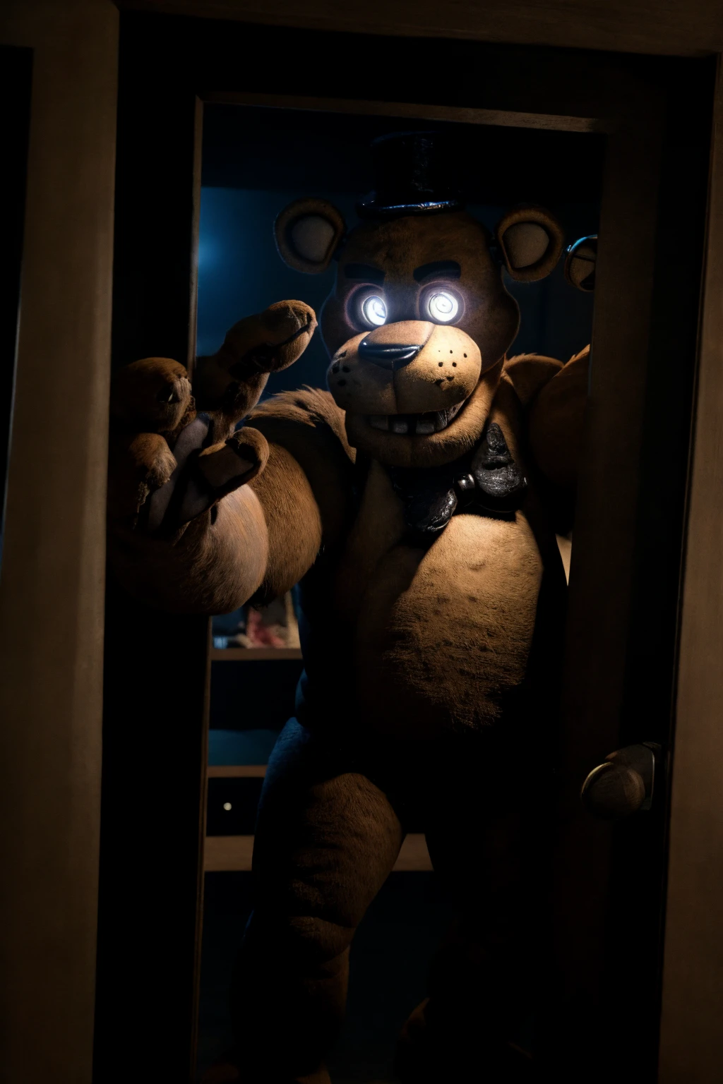 freddy, brown fur, 4k, hi res, 8k, detailed eyes, 8k eyes, eyes focus, white eyes, ((glowing eyes)), aggressive white lens flare, bedroom, dresser, lamp, top, ((no lights, pitch black dark room)), (reaching out pov), (creeping through door), Masterpiece, ultra detailed, realistic, detailed, full view, ((fully body shown)), freddy