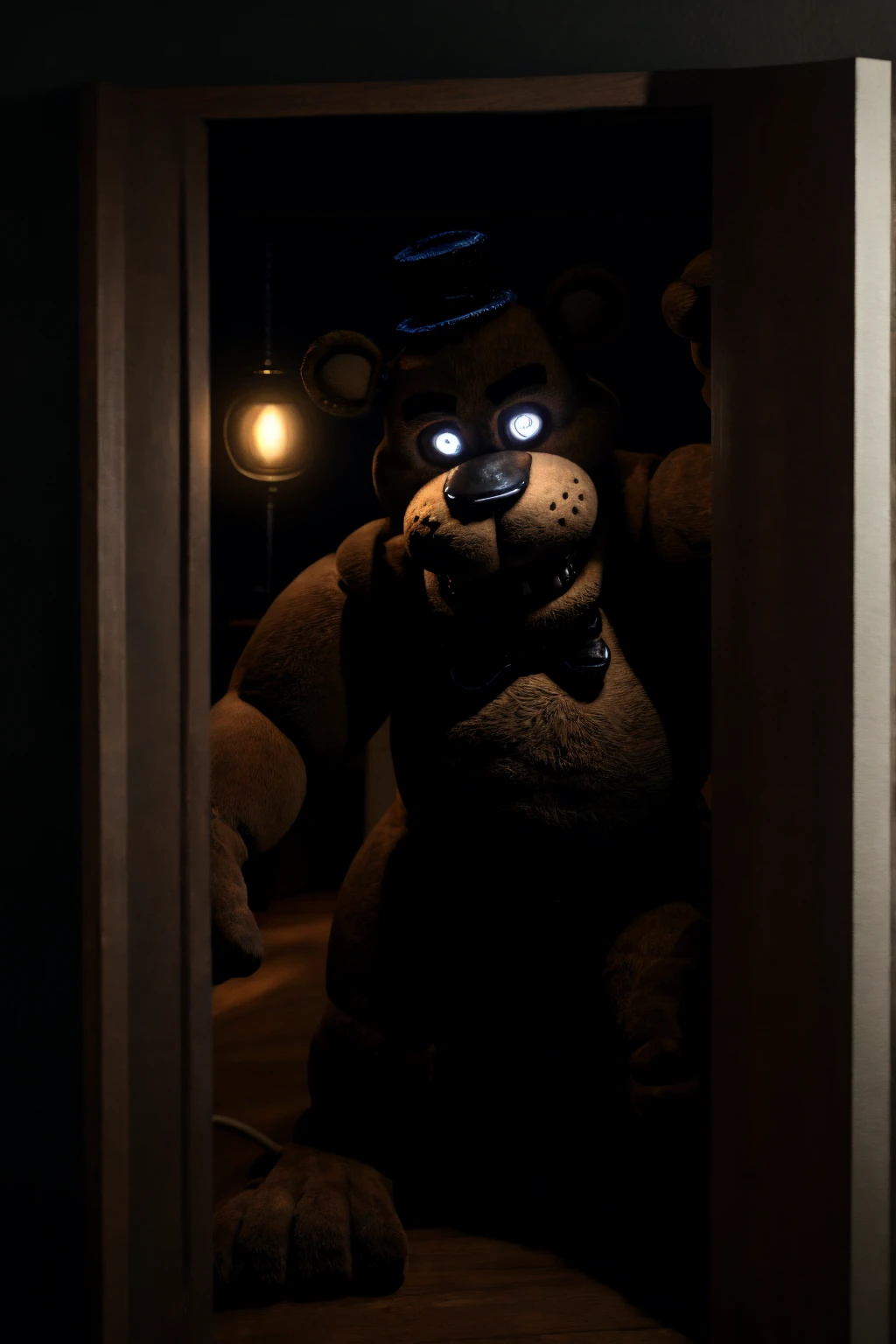 freddy, brown fur, 4k, hi res, 8k, detailed eyes, 8k eyes, eyes focus, white eyes, ((glowing eyes)), aggressive white lens flare, bedroom, dresser, lamp, top, ((no lights, pitch black dark room)), (reaching out pov), (creeping through door), Masterpiece, ultra detailed, realistic, detailed, full view, ((fully body shown)), freddy