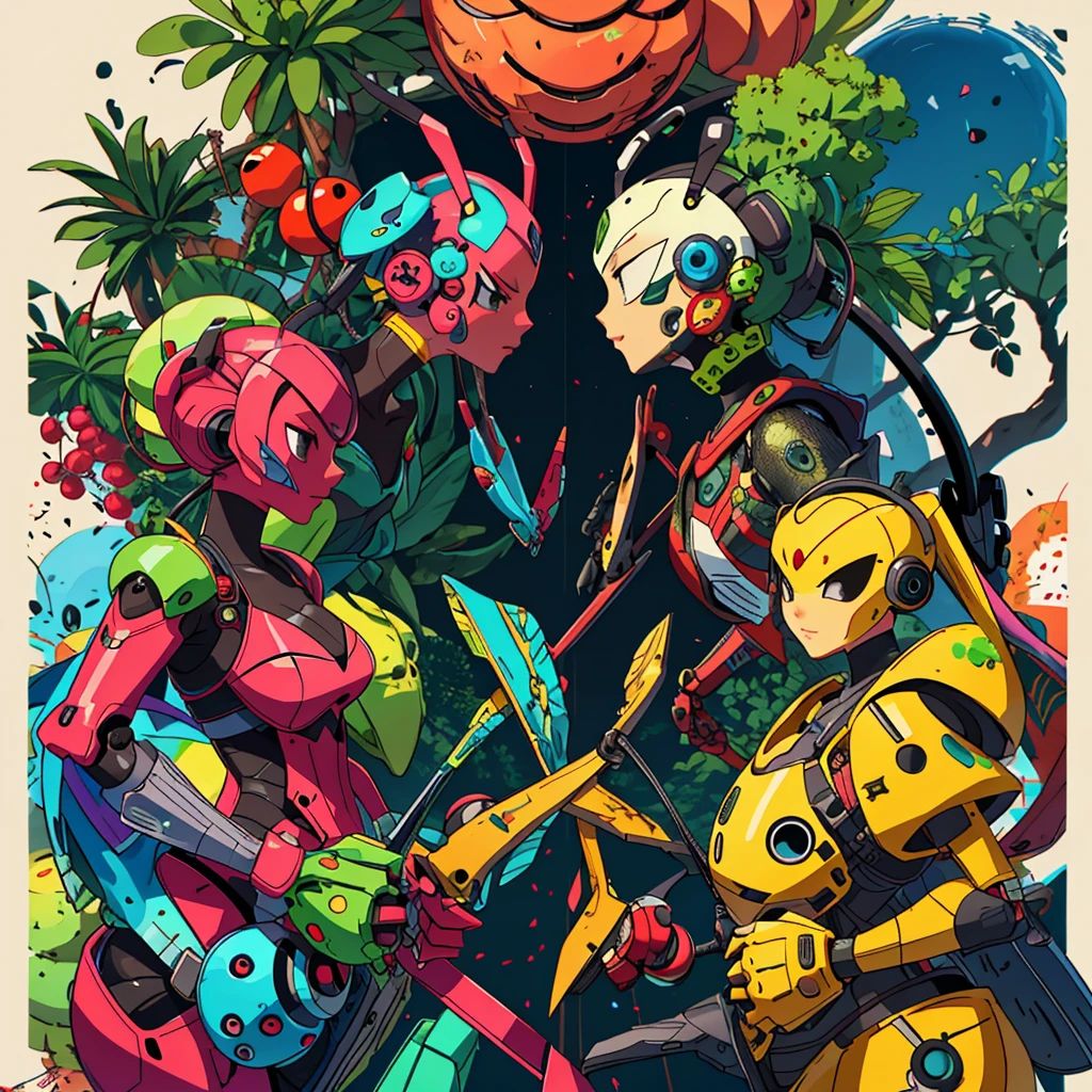 Fruit themed robots with feminine forms (colorful, curvy, sultry) face off against insect themed robots with male forms 9powerful, bulky), epic showdown on a battle scarred cyber world
