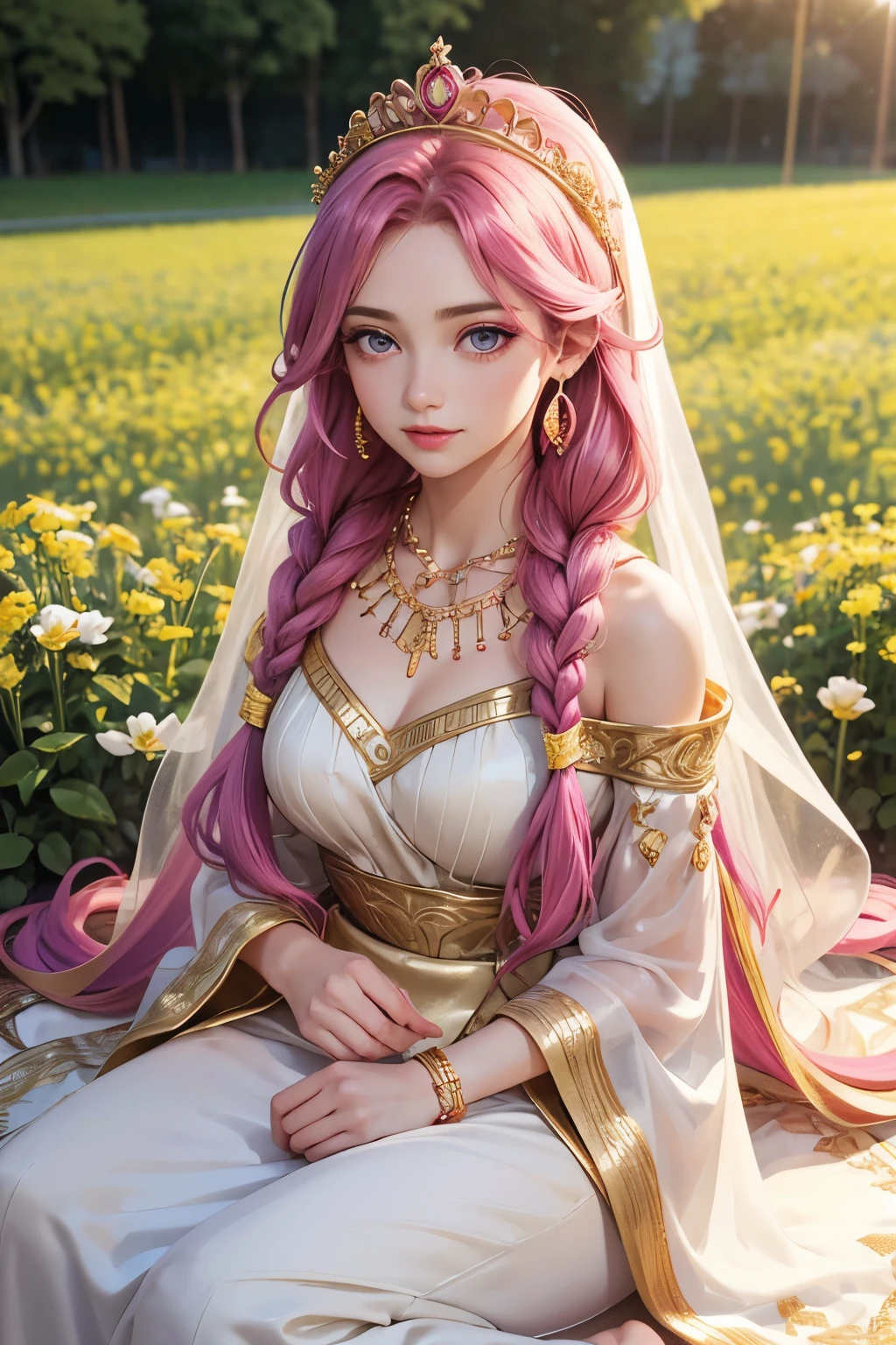 1 girl, goddess, soft smile, fuchsia eyes, narrowed eyes, fuchsia hair, long hair, two braids, gold tiara, gold earrings, gold necklace, gold accessories, white dress, greek style dress, field of flowers