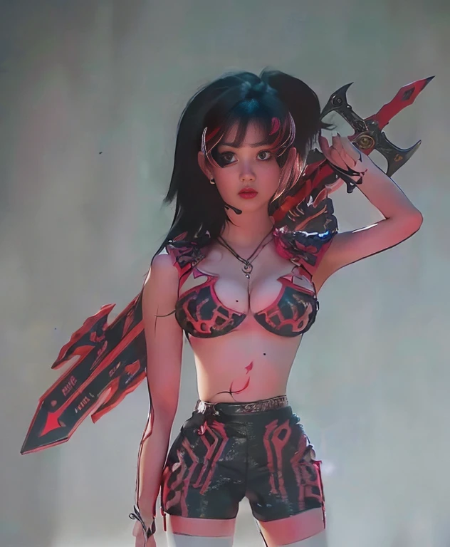 a ultra beautiful girl, with a (black techno fantasy armor) and a great sword in the back, cute, 12k, uhd, photorealistic, red decourations, (black short hairs), (((european face))), (ultra beautiful gorgeous realistic),  belly and ( arms), black armour, red light decourations, red great sword, black hairs

