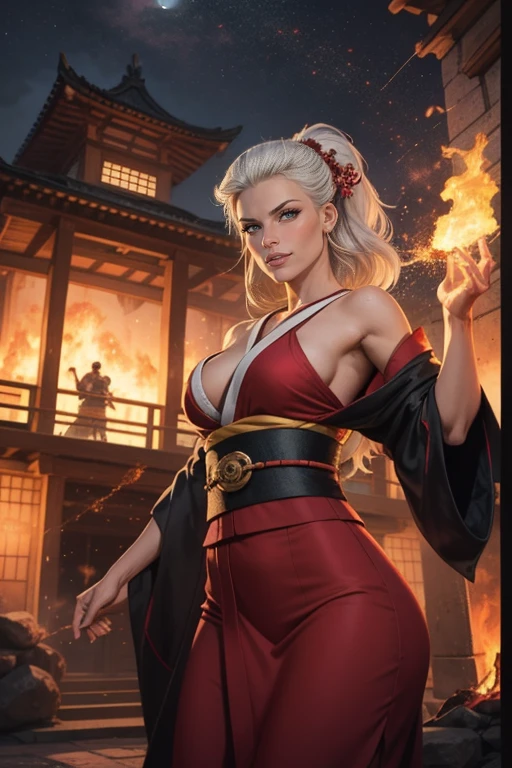 Akira Kurosawa movie style, seductive 30-year-old RONIN woman with slender body and medium breasts, pronounced hips, long light hazel hair gathered with two locks on the sides, silver hair ornaments, wearing a feudal-style samurai kimono with bamboo shoulder straps , dynamic action pose in front of a noble house on fire, angry expression, upper body, dutch angle, (background: feudal era palace on fire, flames with particle effects, night, moonlight