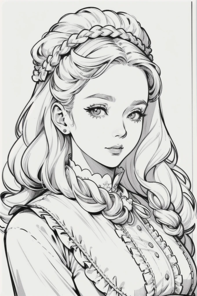 Drawing of a mature woman, realistic portrait, asian girl, white curly hair, all white outfits, goth lolita outfits, horror look. No shading or shadow Best lineart, clean flat lineart, Black and white monochrome, thin pen lines. No colors or shading. Flat white background