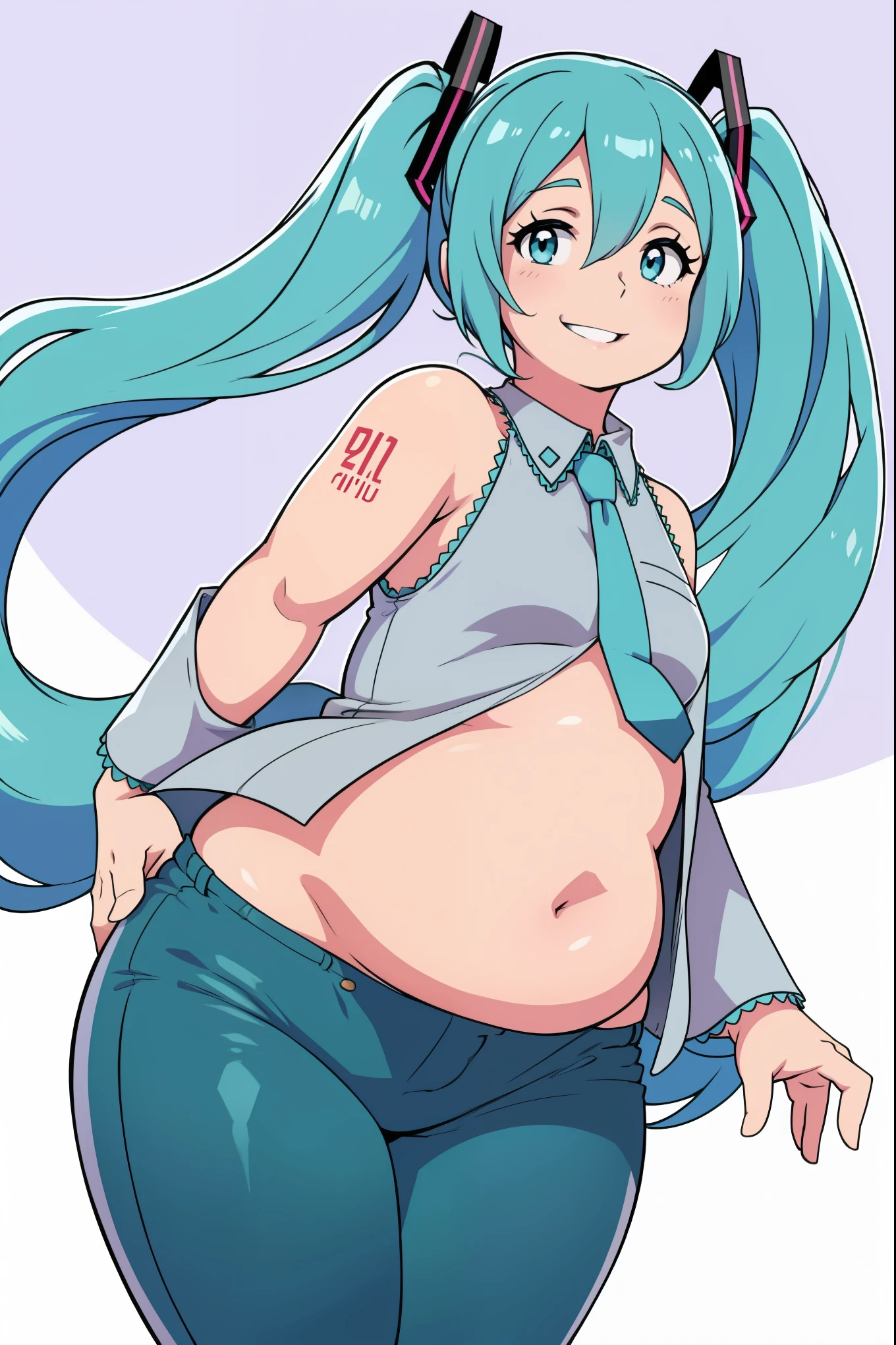 miku, default clothing, smiling, looking at viewer, solo