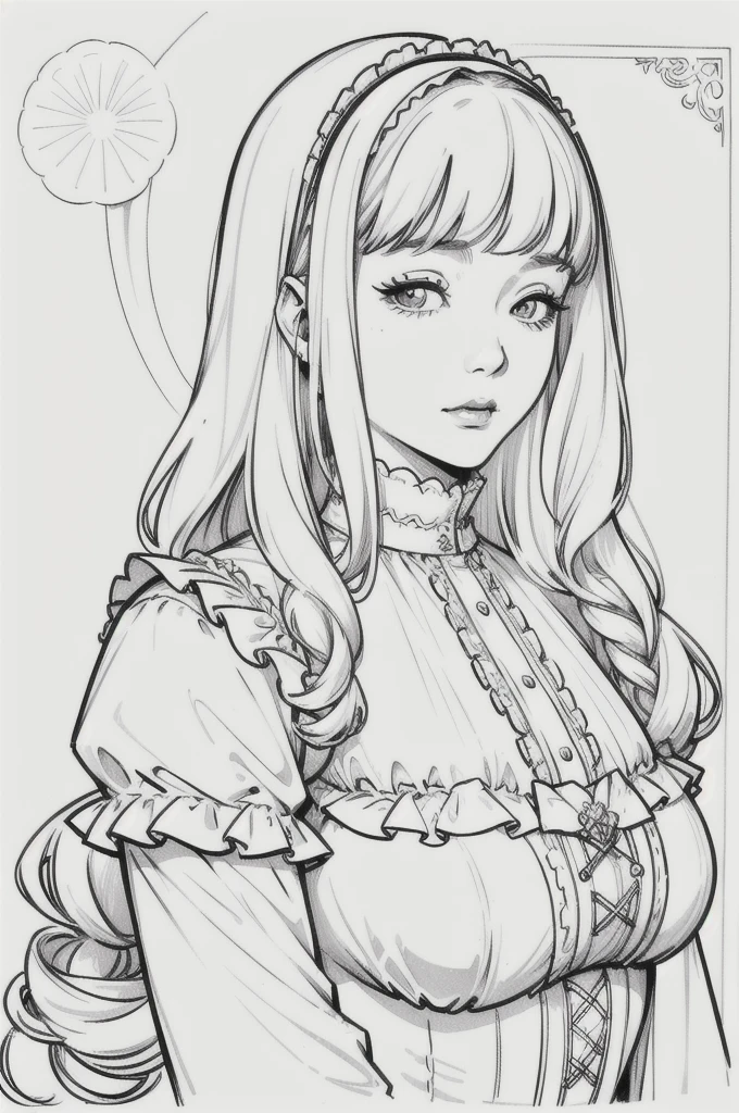 Drawing of a mature woman, realistic portrait, asian girl, white curly hair, Straight bangs, all white outfits, goth lolita outfits, horror look. No shading or shadow Best lineart, clean flat lineart, Black and white monochrome, thin pen lines. No colors or shading. Flat white background