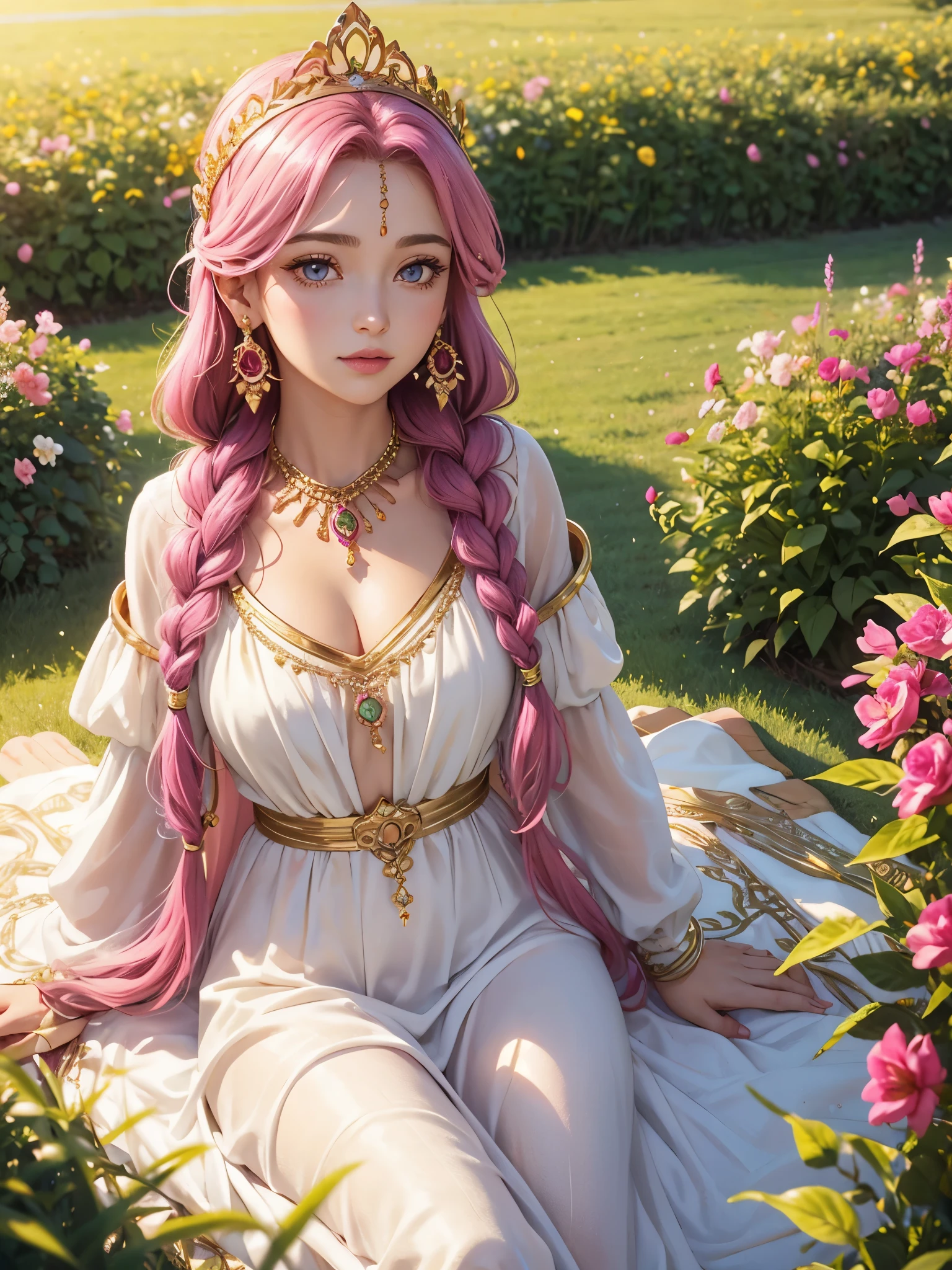 1 girl, goddess, soft smile, fuchsia eyes, narrowed eyes, fuchsia hair, long hair, two braids, gold tiara, gold earrings, gold necklace, gold accessories, white dress, greek style dress, field of flowers