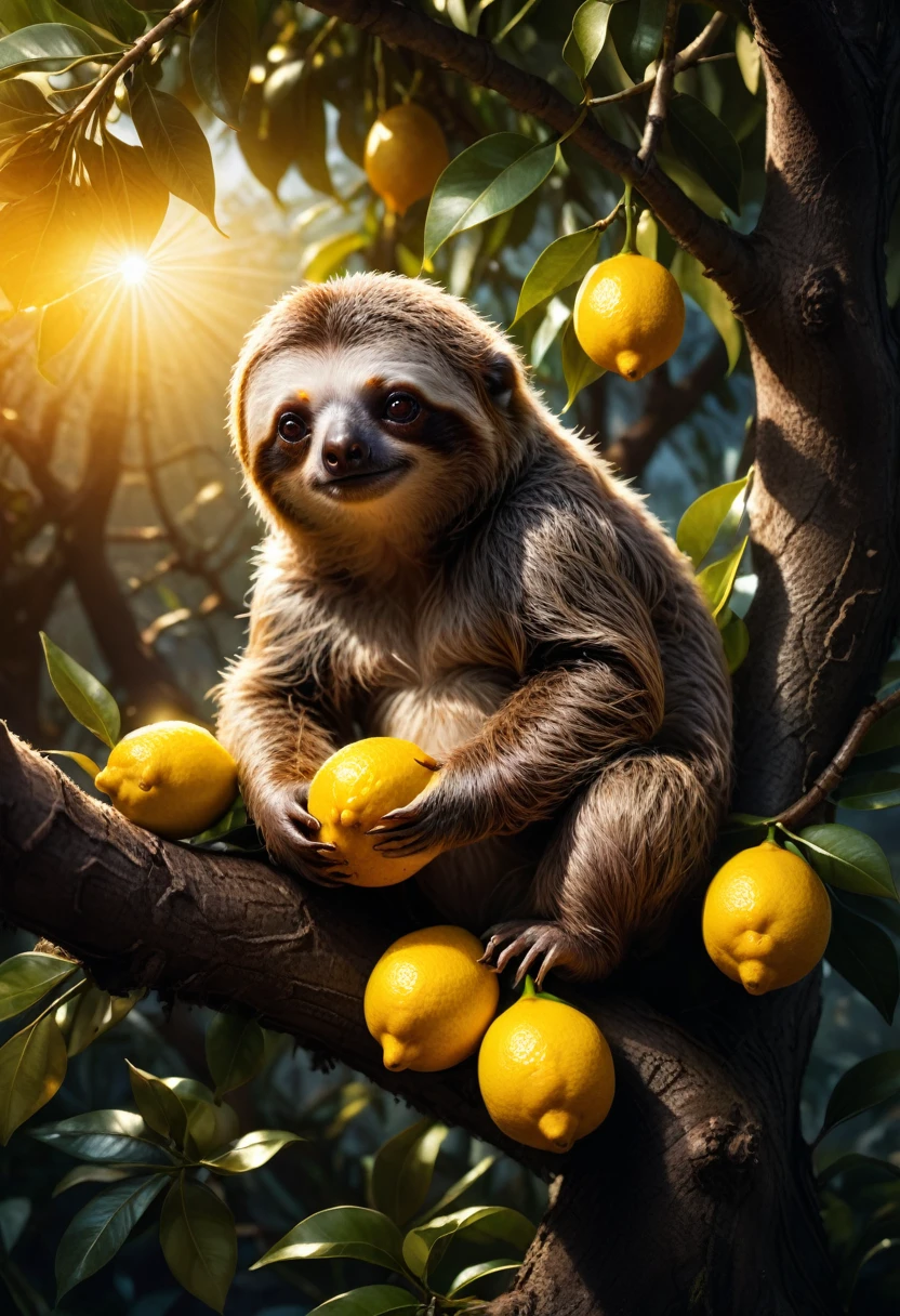 lemon eating challenge, Lovely sloth with big brown eyes sitting in a tree eating a lemon, beautiful background, sunset lighting, 8k resolution concept art by Greg Rutkowski detailed matte painting dynamic lighting hyperdetailed trending on Artstation Unreal Engine volumetric lighting fantastical elaborate