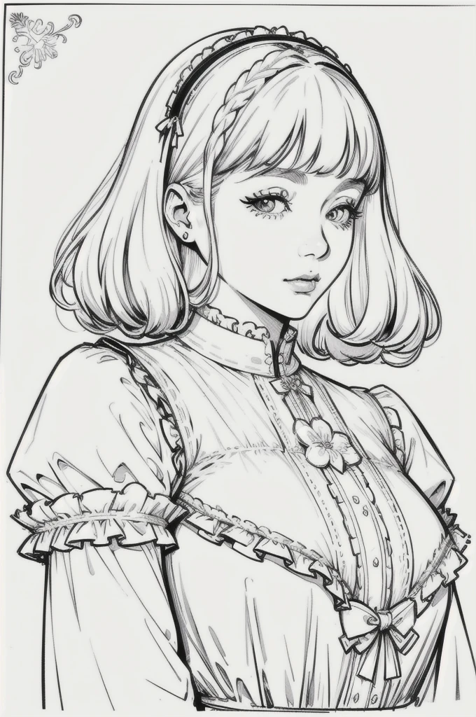 Drawing of a mature woman, realistic portrait, asian girl, white curly hair, Straight bangs, all white outfits, goth lolita outfits, horror look. No shading or shadow Best lineart, clean flat lineart, Black and white monochrome, thin pen lines. No colors or shading. Flat white background