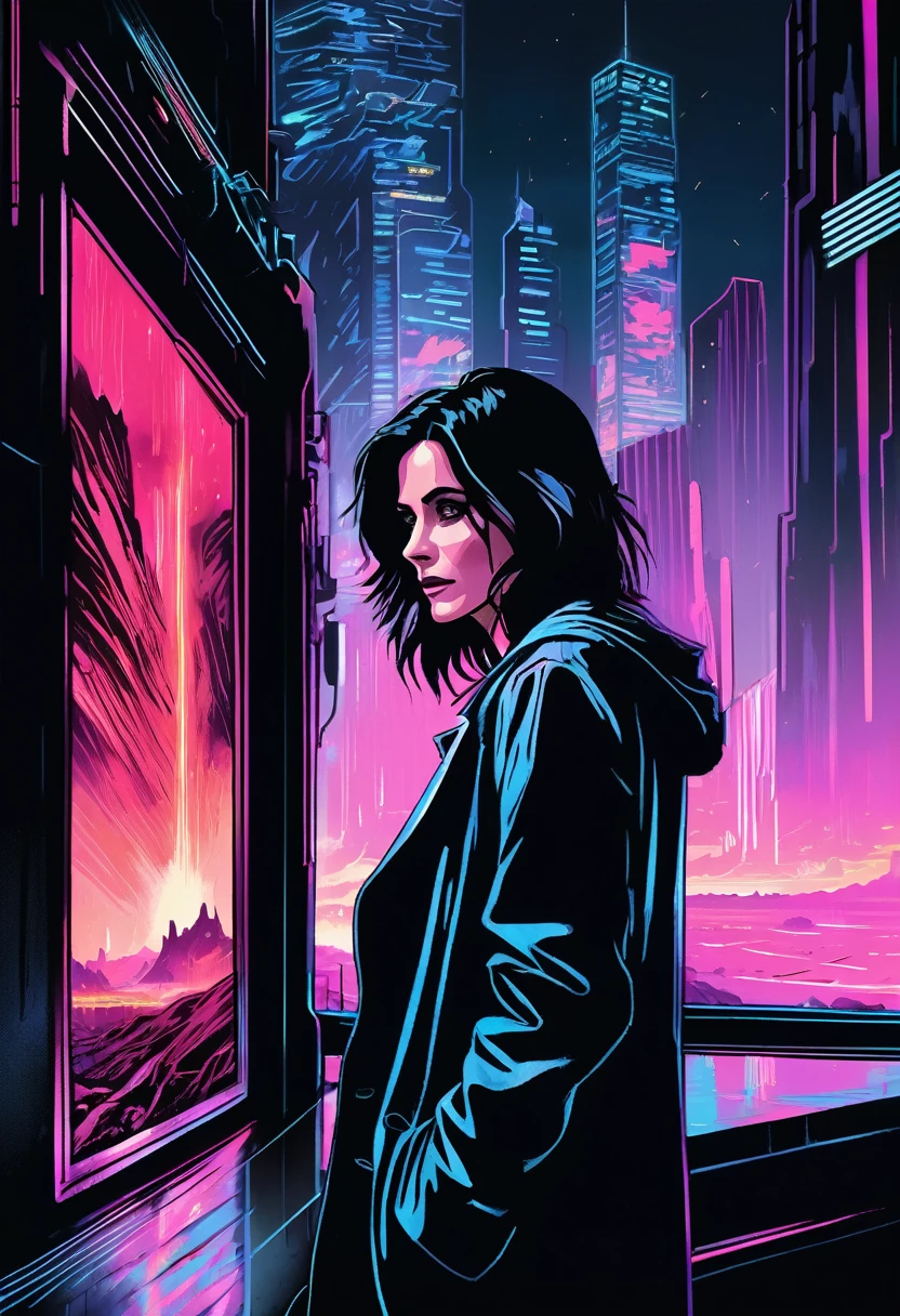 (Courteney Cox), nighttime, cyberpunk city, dark, raining, neon lights ((,Wearing a blazer over a hoodie)), blazer, hoodie, (), cyberpunk, synthwave, 1980s, futurism, brutalism, neuromancer, cinematic photo in a command center, analog, the contrast in colors and textures should be distinct highly detailed, surreal, vibrant yet slightly desaturated, faded film, desaturated, 35mm photo, grainy, vignette, vintage, Kodachrome, Lomography, stained, highly detailed, found footage,(small breasts), toned, fit, (21yo), a 25-year-old woman, detailed face, figure, detailed skin texture, pale skin, thigh gap,Amid the ruins of a once-majestic fortress, a soldier pauses, her silhouette ghostly against the backdrop of shifting terrains that oscillate between detailed battle maps and molten landscapes, Tornado, Barren trees, Menacing,