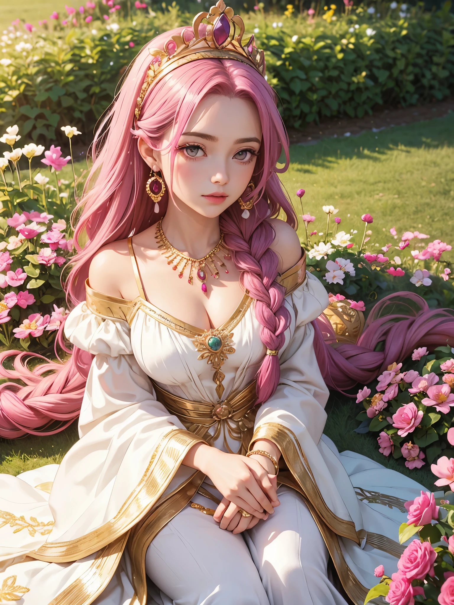 1 girl, goddess, soft smile, fuchsia eyes, narrowed eyes, fuchsia hair, long hair, two braids, gold tiara, gold earrings, gold necklace, gold accessories, white dress, greek style dress, field of flowers