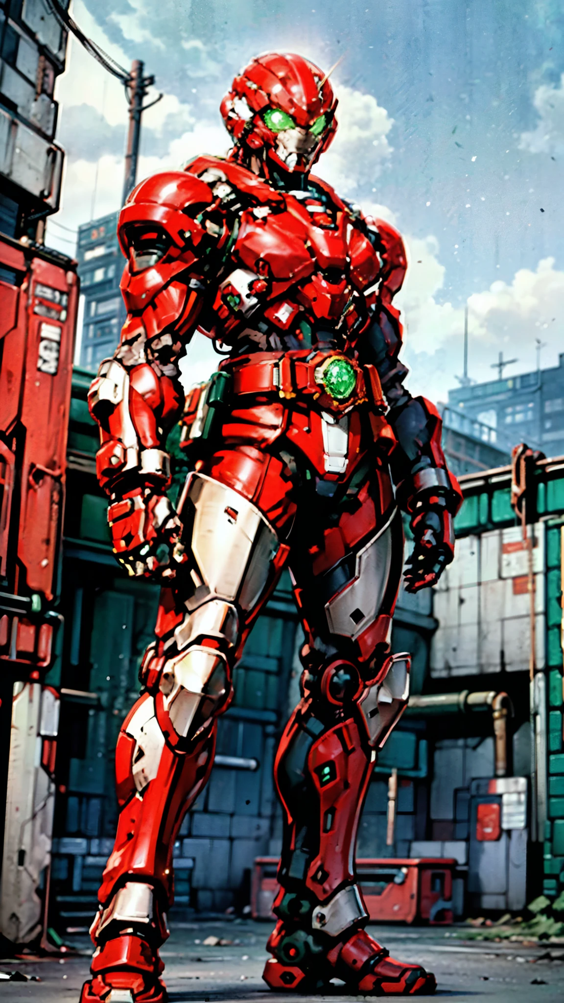 A man wearing a full-face helmet, a fantasy-style biotech armored combat suit, green eyes, (a composite layered chest armor), fully enclosed shoulder guards, matching arm and leg guards, the belt is adorned with exhaust pipes, (the color scheme is primarily white with red and green accents), the design balances heavy with agility, a high-tech bio-mecha armor, (Armor Concept Inspired by Cyberpunk motorcycle, stand on the top of a skyscraper in a futuristic sci-fi city), this character embodies a finely crafted fantasy-surreal style armored hero in anime style, exquisite and mature manga art style, (battle damage, element, plasma, energy, the armor glows), ((male:1.5)), metallic, real texture material, dramatic, high definition, best quality, highres, ultra-detailed, ultra-fine painting, extremely delicate, professional, perfect body proportions, golden ratio, anatomically correct, symmetrical face, extremely detailed eyes and face, high quality eyes, creativity, RAW photo, UHD, 32k, Natural light, cinematic lighting, masterpiece-anatomy-perfect, masterpiece:1.5