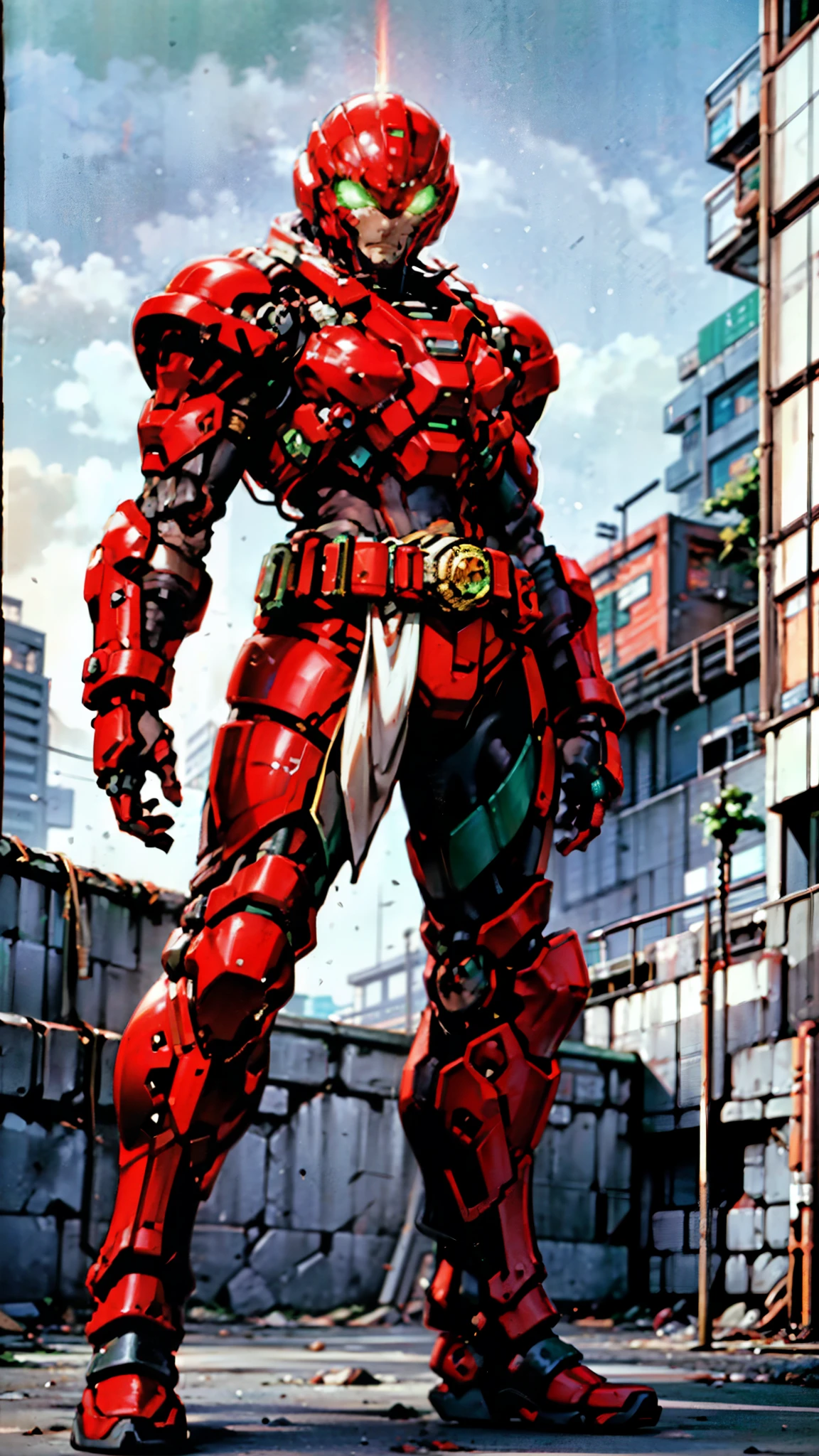 A man wearing a full-face helmet, a fantasy-style biotech armored combat suit, green eyes, (a composite layered chest armor), fully enclosed shoulder guards, matching arm and leg guards, the belt is adorned with exhaust pipes, (the color scheme is primarily white with red and green accents), the design balances heavy with agility, a high-tech bio-mecha armor, (Armor Concept Inspired by Cyberpunk motorcycle, stand on the top of a skyscraper in a futuristic sci-fi city), this character embodies a finely crafted fantasy-surreal style armored hero in anime style, exquisite and mature manga art style, (battle damage, element, plasma, energy, the armor glows), ((male:1.5)), metallic, real texture material, dramatic, high definition, best quality, highres, ultra-detailed, ultra-fine painting, extremely delicate, professional, perfect body proportions, golden ratio, anatomically correct, symmetrical face, extremely detailed eyes and face, high quality eyes, creativity, RAW photo, UHD, 32k, Natural light, cinematic lighting, masterpiece-anatomy-perfect, masterpiece:1.5