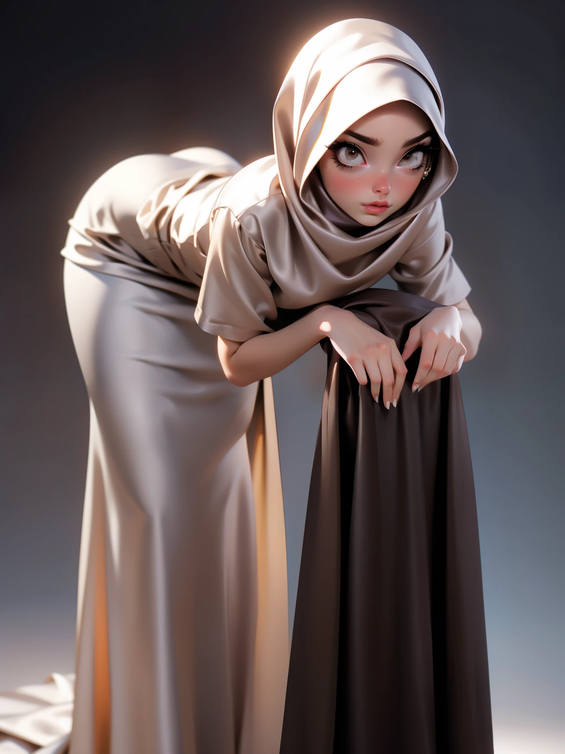 3DMM, ((Masterpiece, best quality, photography)), detailed skin, realistic, photo-realistic, 8k, highly detailed, full length frame, High detail RAW color art, diffused soft lighting, shallow depth of field, sharp focus, hyperrealism, cinematic lighting, hijab, a woman beautifully makeup, bold eyeshadow, beautiful big eyes, Brown eyes, long eye lashes, chubby, wearing ((brown satin hijab), loosely tide hijab style, ((gray satin shirt)), ((satin long dress)),  (((bent over))), (((bent at the waist)))