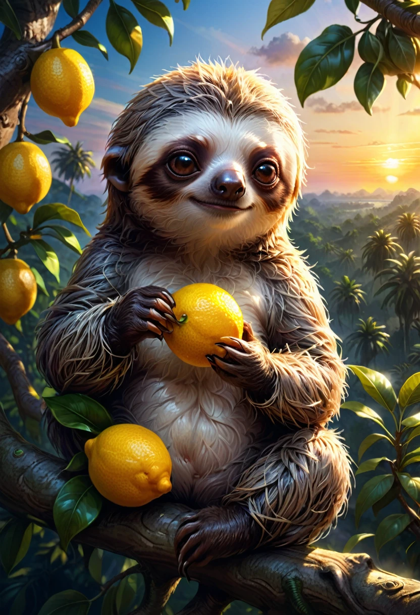 lemon eating challenge, Lovely sloth with big brown eyes sitting in a tree eating a lemon, beautiful background, sunset lighting, 8k resolution concept art by Greg Rutkowski detailed matte painting dynamic lighting hyperdetailed trending on Artstation Unreal Engine volumetric lighting fantastical elaborate